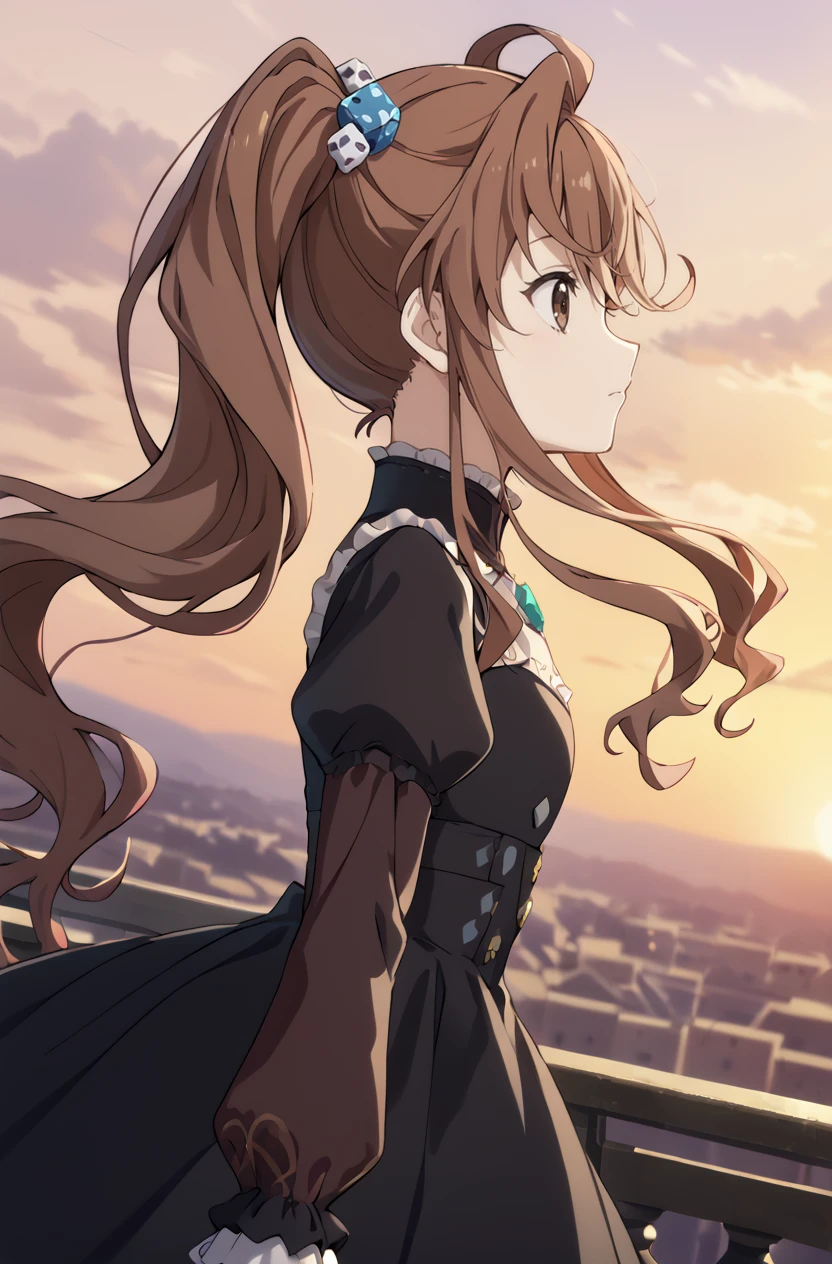 score_9, score_8_up, score_7_up, masterpiece, best quality, amazing quality, very aesthetic, newest, absurdres, highres,
1girl, solo,
<lora:TodaJunPonyV1:1> todajun, brown hair, long hair, wavy hair, ahoge, hair between eyes, side ponytail, brown eyes,
sky, sunset, floating hair, profile, looking ahead, upper body, dutch angle, black dress, long sleeves, sleeves past wrists, puffy sleeves, bodice, high collar, jewelry, hair ornament,
<lora:modern_anime_screencap_v1_0:0.8> anime screencap, anime screenshot,