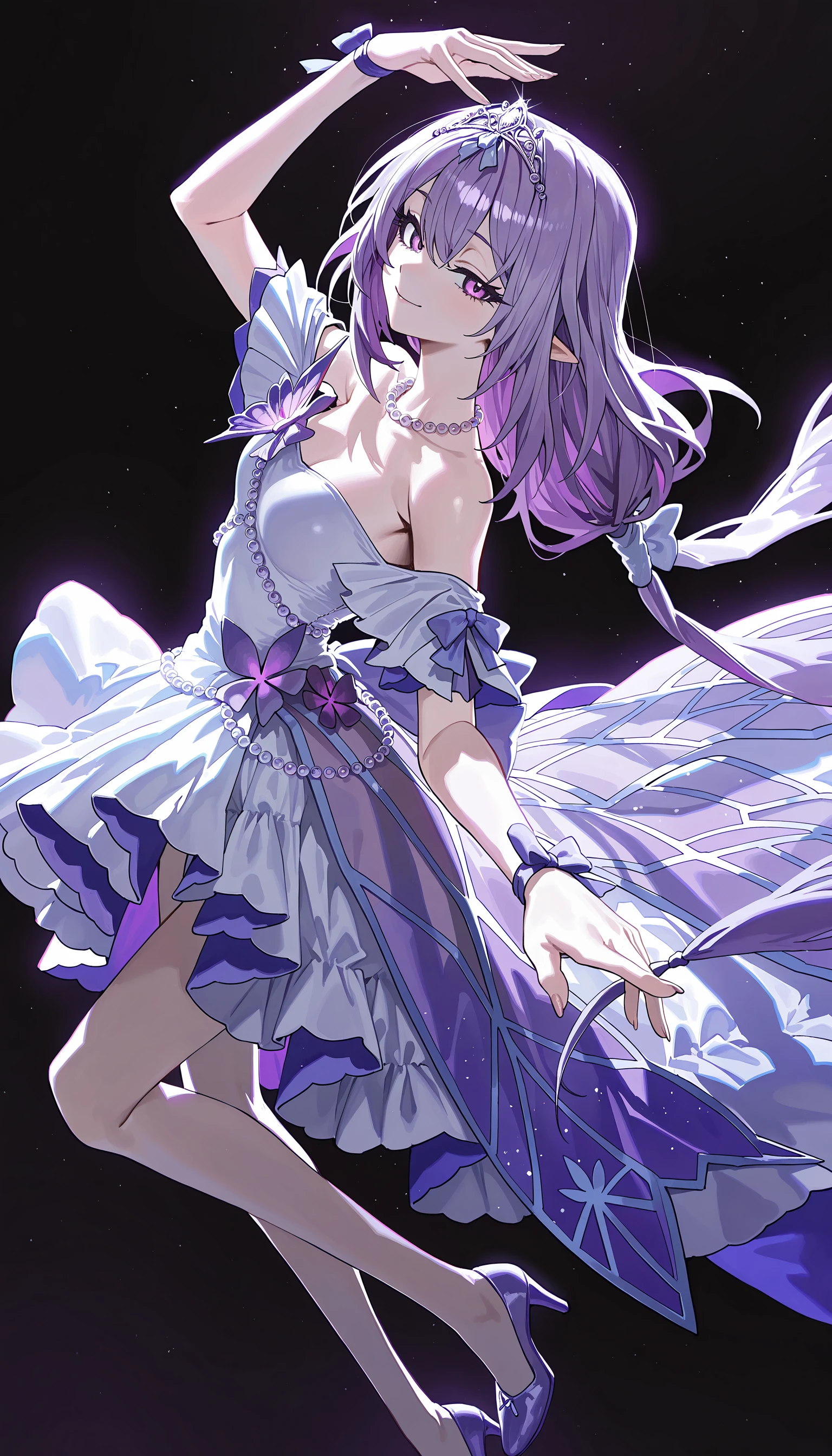 {{{{masterpiece}}}}, {{{super detailed}}}, {{{High resolution}}}, {{excellent anatomy}}, (((highest quality))), ((very delicate and beautiful)), {{very detailed and delicate}}, {8k cg wallpaper},((detailed background))One female、best style、beautiful woman、The most beautiful woman in the world、Purple flowers are blooming on the purple lake surface, soft purple glow, Purple light, (purple wisteria forest), Dynamic lighting for the wisteria season, art, shining purple, Purple petals are dancing everywhere、 The blossoming path to heaven, purple glow、Purple water、purple reflective water surface、purple light、(thin transparent dress:1.8),((big breasts))、show through、waterside and wisteria、