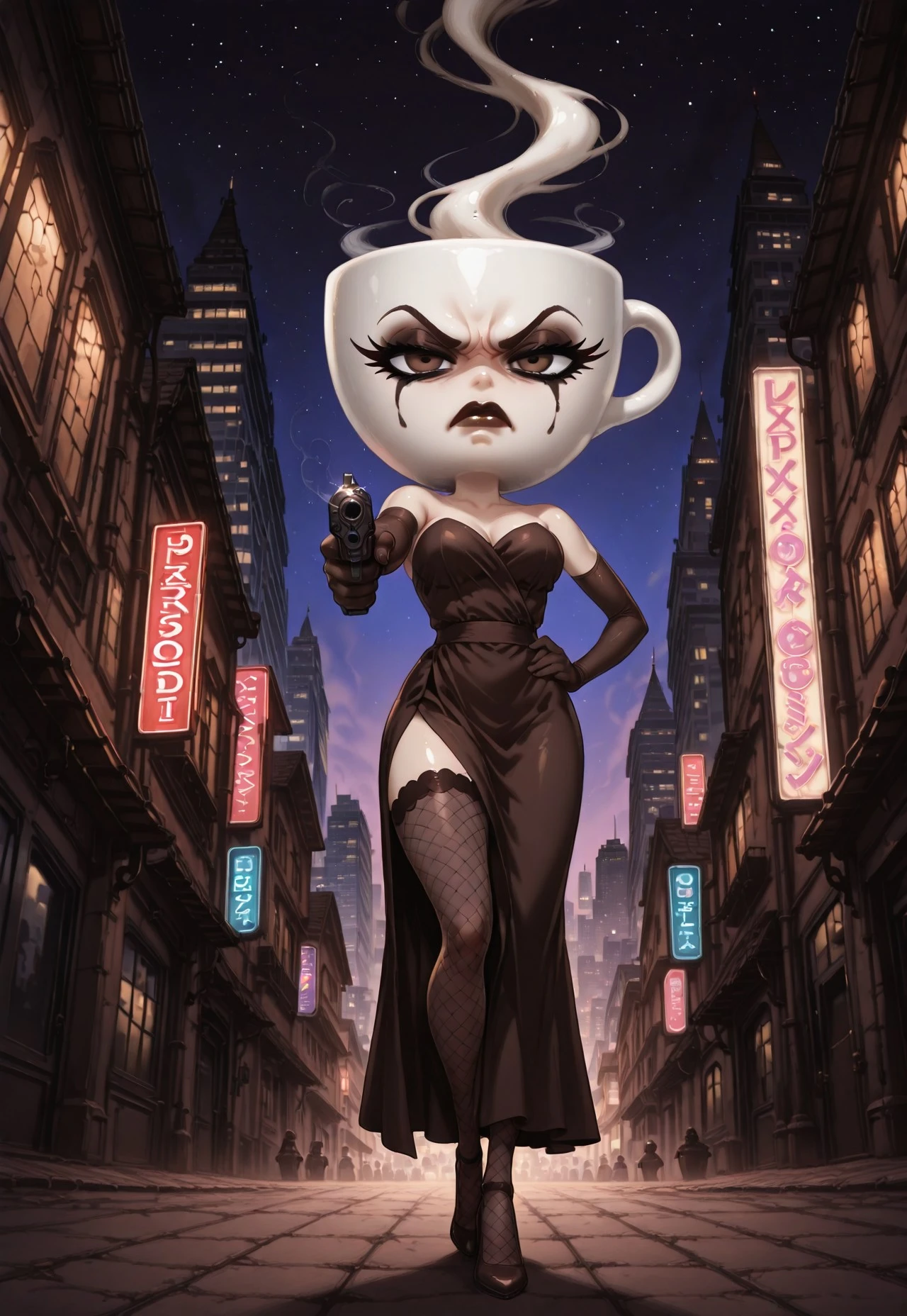 (cutecore, kawaiicore) solo female, 1girl, expressona signora, object_head, white coffee cup head, white face, heavy dark makeup, eye makeup, eyeliner, mascara, dark smoky brown eyeshadow, long eyelashes, detailed lips, dark brown lipstick, eyebrows, (angry), frown, one hand on hip, hand down, holding weapon, (gun), holding gun, pistol, (pointing gun at viewer, gun focus), dark brown strapless sleeveless evening gown, dark brown elbow gloves, fishnet stockings, dark brown heels, ((detailed scenery, detailed background)), pov, from below, outside, night, starry night sky, cityscape, city, (urban architecture, shadowed buildings, neon signage, gun smoke) 