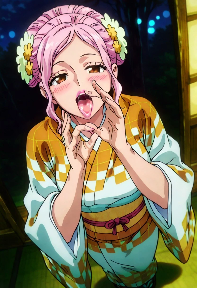 O-SomeOP, 1girl, solo, pink hair, hair ornament, hair bun, hair flower, sidelocks, brown eyes, full lips, pink lipstick, japanese clothes, orange checkered kimono, wide sleeves, sash, yellow obi, large breast, thick thighs, headband, tabi, yukata,
masterpiece, best quality, fine details, intricate details, depth of field, subsurface scattering, bokeh, ultra-detailed, very aesthetic, detailed background, newest, scenery, highres, absurdres, colorful, vibrant, glowing, perfect face, 2d, perfect eyes, vibrant saturated colors, volumetric lighting, sharp, detailed eyes, perfect anatomy, perfect face, perfect eyes, mature body, clear eyes, beautiful eyes, athletic, curvy body, athletic girl, perky tits, perfect tits, round breasts, pinup pose, teasing, lustful expression, perfect hands,
muscular female, dutch angle, dynamic pose,
cover page, foreshortening, expressive cute face, blushing, looking at viewer, blush, oral invitation, fellatio gesture, half-closed eyes, saliva,
,Smooth Negative, Smooth_Quality,
dark_fantasy_style, dark fantasy, retro,
