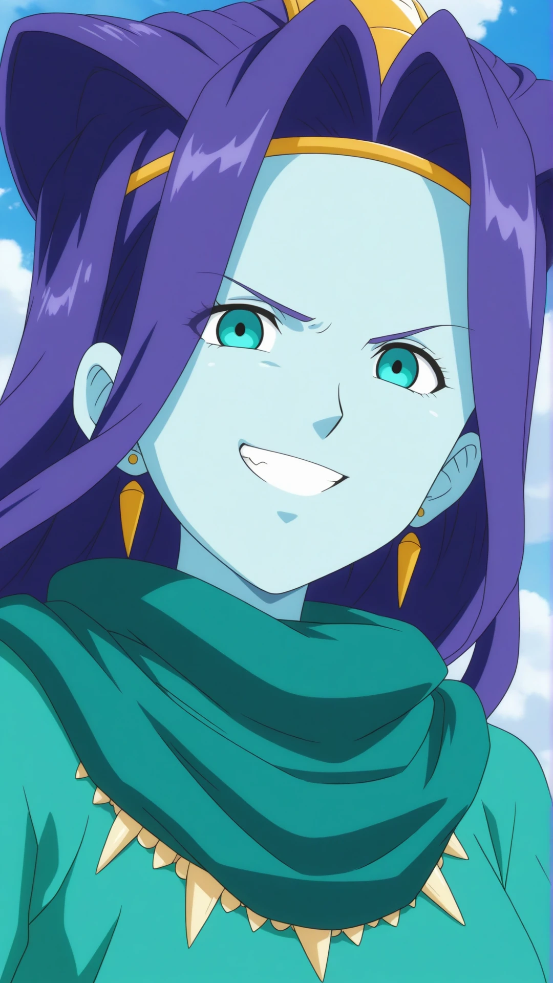 anime coloring, highres, anime screenshot, dramatic lighting, intricate details, masterpiece, best quality, absurdres, depth, ((official style)), SixStars_XL, 1girl, solo, looking at viewer, smile, blue eyes, jewelry, purple hair, outdoors, earrings, teeth, sky, day, cloud, necklace, grin, scarf, blue sky, cloudy sky, crown, evil smile, anime coloring <lora:Liu_Xing_Long_XL-15:1>