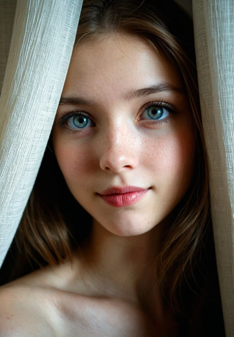 Photo, RAW, Best Quality, High Quality, HDR, 4K, Intricate Details, Beautiful, very detailed, volumetric lighting, Confused, Soft features, 
absurdres, 20yo girl, beautiful eyes, shy, seductive, teasing, playful, action, motion, colorful, dynamic angle, oval face, monolid eyes, lips apart, (upper body photo:1.3),  framed between two curtains, structure, realistic, ultra detailed, realistic skin texture, gentle smile,