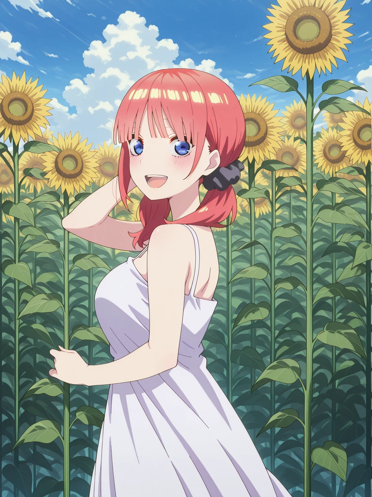 masterpiece, best quality, amazing quality,, <lora:nino-nakano-honeymoon-illustriousxl-lora-nochekaiser:1>, nino nakano, bangs, blue eyes, hair ornament, twintails, pink hair, blunt bangs, medium hair, scrunchie, eyebrows hidden by hair, black scrunchie, mature female, breasts, anime screencap, <lora:field-of-sunflowers-illustriousxl-lora-nochekaiser:1>, field of sunflowers, solo, looking at viewer, smile, open mouth, dress, standing, flower, :d, outdoors, teeth, sky, sleeveless, day, cloud, white dress, from side, blue sky, sleeveless dress, sunflower, sundress,, , ,