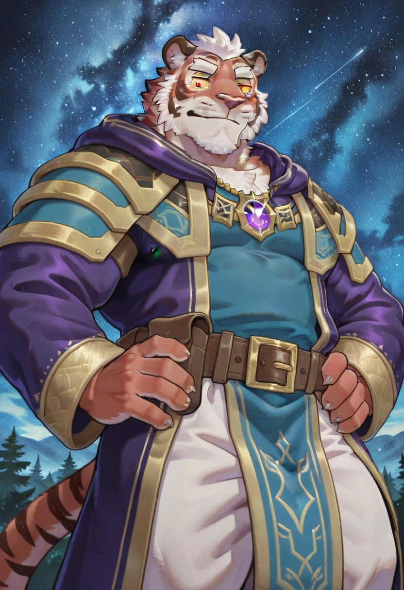 safe for work, no naughty stuff, rating_safe, solo, perfect anatomy, masterpiece, best quality, absurdres, highly detailed, furry male, tiger boy, mature male, 5 fingers
Remaias, Crave Saga, red eyes, yellow sclera, short hair, perfect face, amethyst necklace, indigo robe, blue shirt, white pants, brown belt, baggy garments, hand on hip, cowboy shot, night background, muscular
