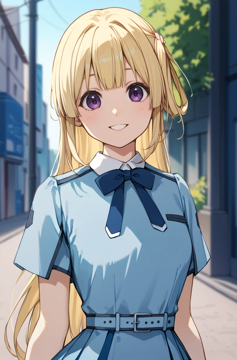 score_9, score_8_up, score_7_up, masterpiece, best quality, amazing quality, very aesthetic, newest, absurdres, highres,
1girl, solo,
 <lora:FujimaSakuraPonyV1:1> fujimasakura, blonde hair, long hair, hair rings, purple eyes,
<lora:BokuWaSonzaiDressPonyV1:0.8> bokuwasonzaidress, pleated dress, blue dress, blue bowtie, belt, short sleeves,
upper body, looking at viewer, blurry background, outdoors, smile,