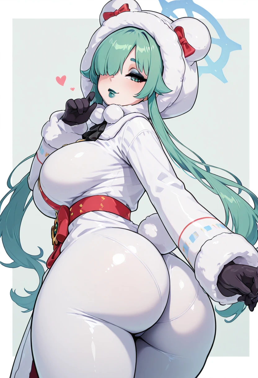 highest quality、masterpiece、High resolution、Pokémon、melon、Features voluminous silver hair with light blue mesh。 A uniform with a white-based design, typical of a snowy region, with a white collar and hat.、wearing earrings。 Kirks Town Gym Leader、User of ice type Pokemon。The Ice、spartan guidance、「fecundity」、When releasing Kyodai Max(Among the gym leaders)Only she has a heart effect added.。long hair、blue eyes、big breasts、Stimulation、(Plump、Plump:1.3)、white cast、Fur hatature woman、wide hips、round face、big butt、big butt、thighs、pantyhose、long hair、white footwear、white hat、Fur hat、mature woman, (see-through panties), nsfw