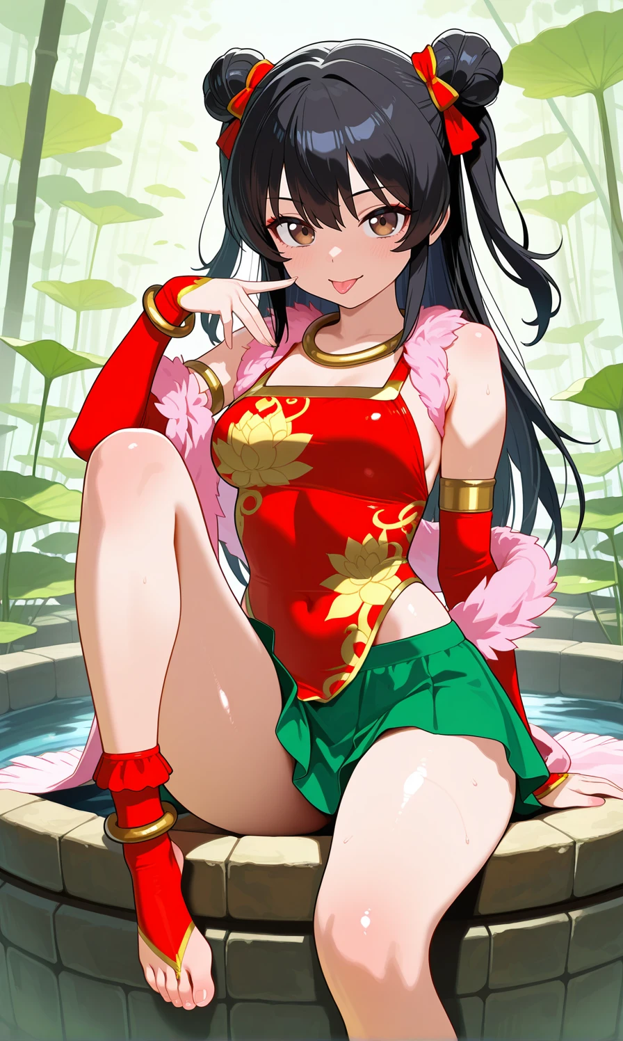 the princess of Eeon, long black hair, tied hair in a ponytail, a large red hair bow tied around the pony tail, green eyes, chainmail bikini, show tummy and legs, in a castle, in front of a fire place, on a red rug, surrounded by swords