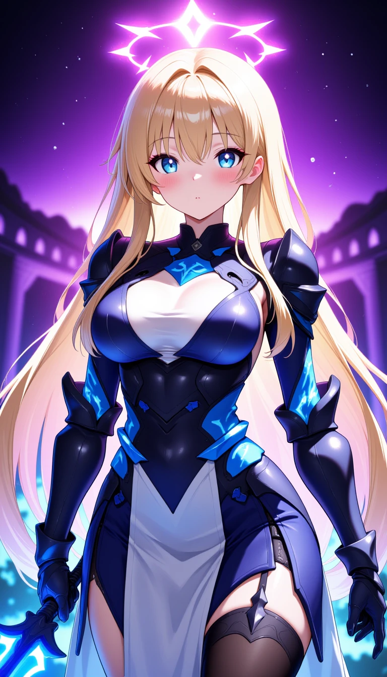 Nara Vor EndField has long, flowing blonde hair that reaches her waist and piercing blue eyes, reflecting intelligence and sharpness. She wears a wide, full-length black dress with a high collar, covering her completely and adding a touch of elegance. Her serious and focused expression suggests determination and readiness for a challenge. The abstract, glowing background enhances the mysterious and dramatic aura surrounding her, emphasizing her strong and charismatic presence.