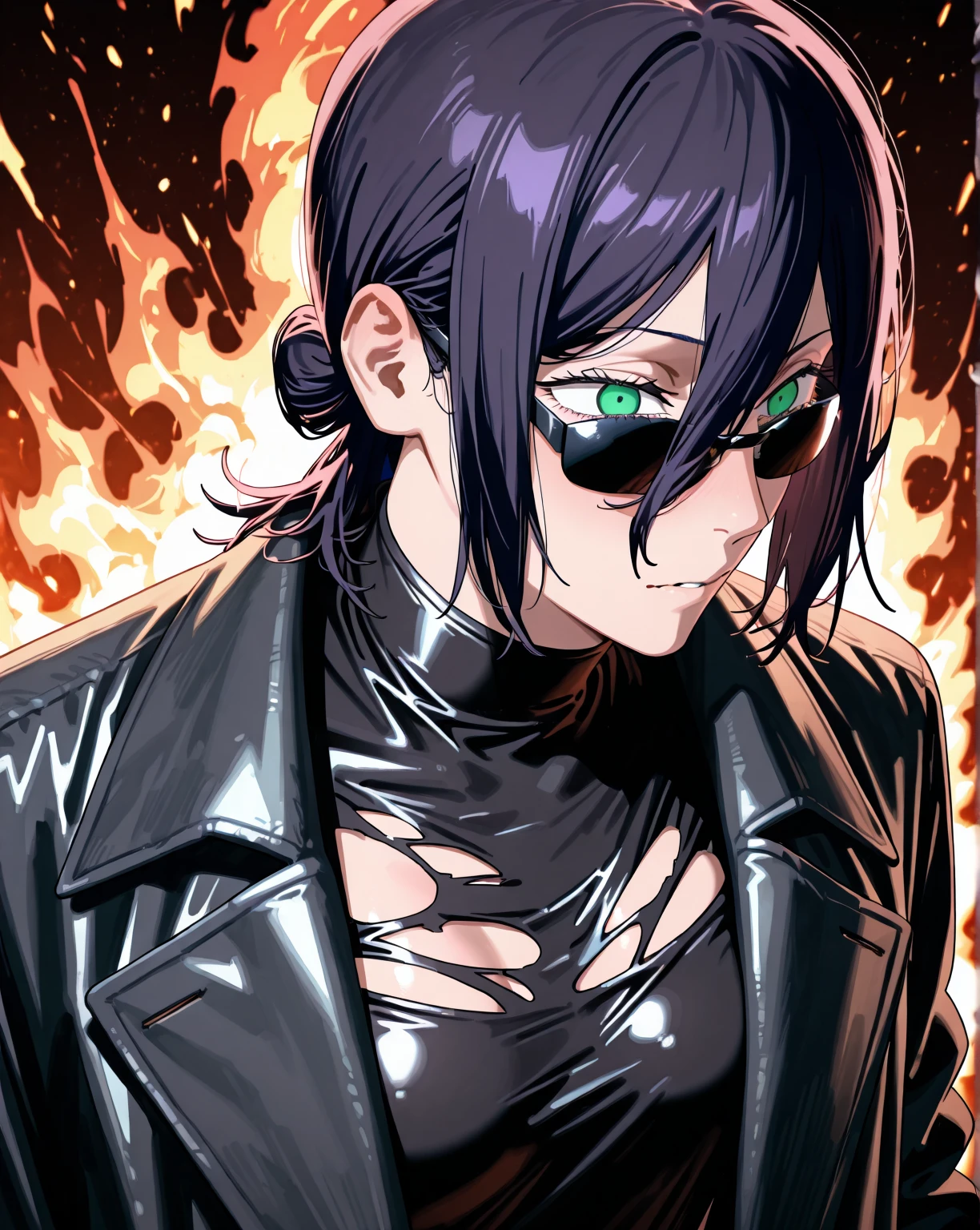 <lora:Opium clothing IL_epoch_10:1> wearing Opium clothing, long coat, fire in background,  gloves, sunglasses, portrait, torn clothes, <lora:ChainsawManReze-IL-v1-08:0.9>. ChopioReze. reze (chainsaw man). medium hair. hair between eyes. constricted pupils. [small breasts : medium breasts: 10],