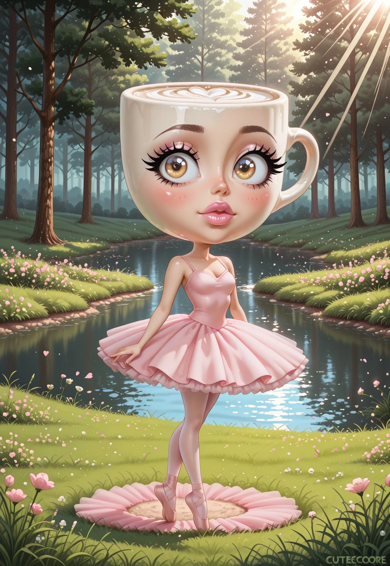 (halfbody) (cutecore, kawaiicore) 1girl, ballerina cappuccina, object_head, white coffee cup head, big eyes, makeup, mascara, eyelashes, pink blush, detailed lips, light pink lipstick, ballerina, pink ballerina dress,  shoulders, pink tutu, light pink pantyhose, pink ballet slippers, ((detailed scenery, detailed background)), outside, afternoon, verdant park, marsh, (verdant greenery, trees, lush bushes, grass, grassy lawn, wildflowers, water, lake, sunlight, sun rays, hearts)
