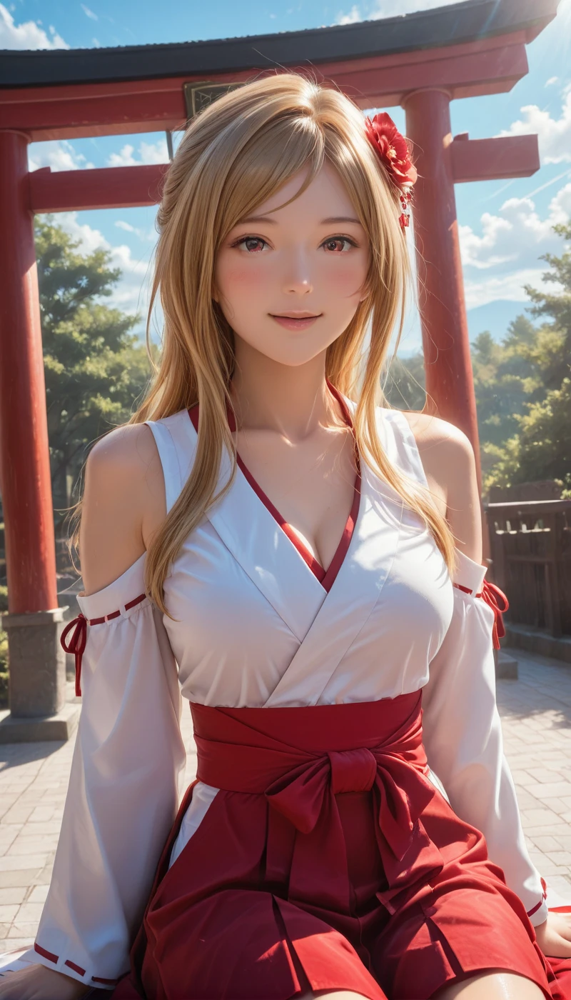 <lora:LCMTurboMix_Euler_A_fix:1> <lora:example_SDXL:0.3>, EZRealPONYXL, <lora:Dramatic Lighting Slider:3><lora:realistic filter [IL]:0.8>
DSLR,realistic,cosplay photo, (very awa,masterpiece,best quality,year 2024,newest,absurdres,highres:1), realistic,skin texture,facial features, photography shot with Canon EOS 5D Mark IV , realistic, RAW, best quality, masterpiece, amazing quality, skin details,
1girl, highly detailed beautiful face, natural breasts,
detailed background, shiny skin, dutch angle,
beautiful detailed eyes, intricate details, absurdres, anime screencap,
<lora:MomoseRio_IdolMaster_ILXL_kill0825:1>
IMMomoRio, 1girl, solo, long hair, breasts, looking at viewer, blush, smile, open mouth, large breasts, skirt, blonde hair, long sleeves, hair ornament, red eyes, bare shoulders, sitting, medium breasts, flower, sidelocks, outdoors, cowboy shot, detached sleeves, sky, japanese clothes, day, cloud, hair flower, wide sleeves, kimono, blue sky, sash, red skirt, obi, ribbon trim, hakama, hakama skirt, white sleeves, ribbon-trimmed sleeves, nontraditional miko, white kimono, miko, shoulder cutout, red hakama, hakama short skirt, torii, sleeveless kimono, kanzashi, multiple torii, sweat, pleated skirt, pink eyes, parted bangs