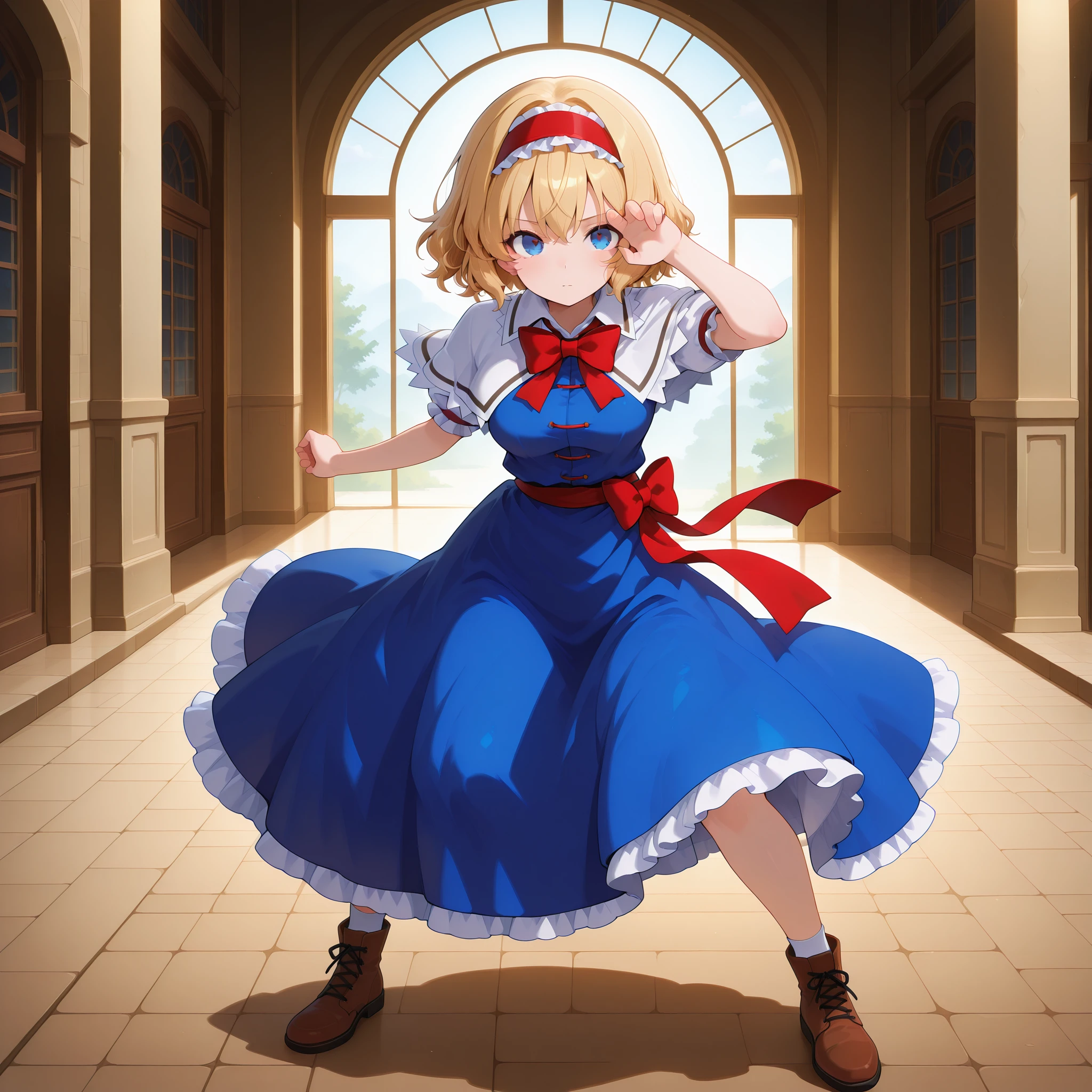 masterpiece, best quality, amazing quality, newest,detailed face, beautiful eye, <lora:vegetaPoseV1_illustrious:1.0>,full body, standing, dynamic pose, fighting stance, one eye covered, hand on forehead, bent knees, confident expression,solo,five_finger,, masterpiece, best quality, amazing quality, newest,detailed face, beautiful eye, <lora:Alice-Margatroid_Illustrious:1>,alice margatroid, 1girl, solo, blonde hair, blue eyes, short hair, breasts,white shirt, puffy short sleeves, white capelet, blue dress, red hairband, frilled hairband, red bowtie, sash,