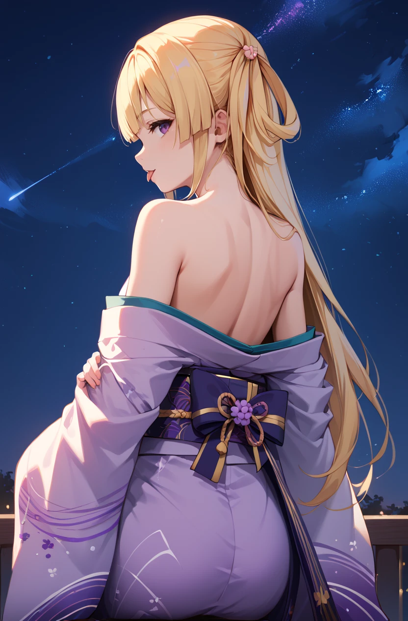 score_9, score_8_up, score_7_up, masterpiece, best quality, amazing quality, very aesthetic, newest, absurdres, highres,
1girl, solo,
 <lora:FujimaSakuraPonyV1:1> fujimasakura, blonde hair, long hair, hair rings, purple eyes,
kimono, bare shoulders, night sky, from behind, looking at viewer, tongue out,