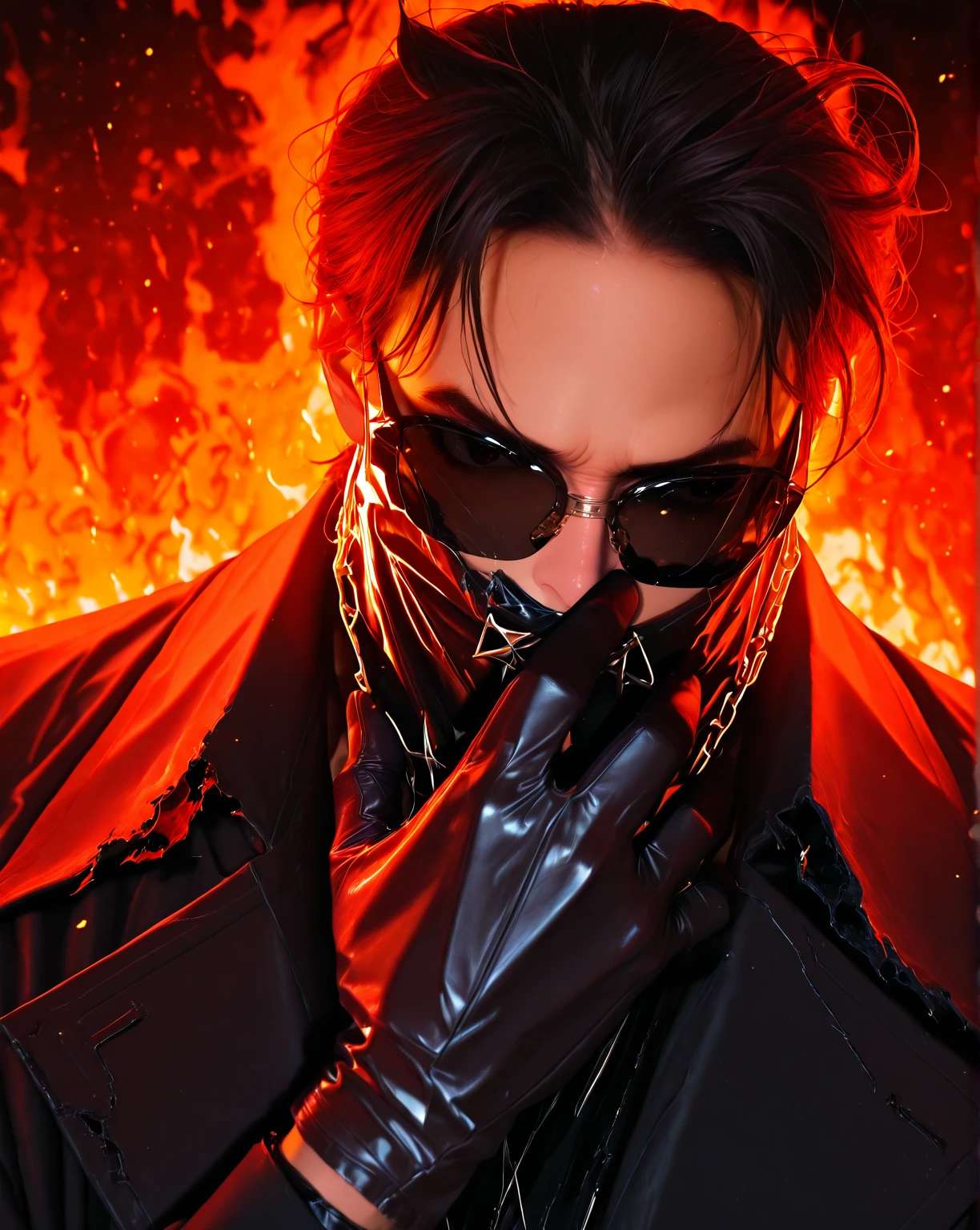 <lora:Opium clothing IL_epoch_10:1> wearing Opium clothing, long coat, fire in background,  gloves, sunglasses, portrait, torn clothes, ,