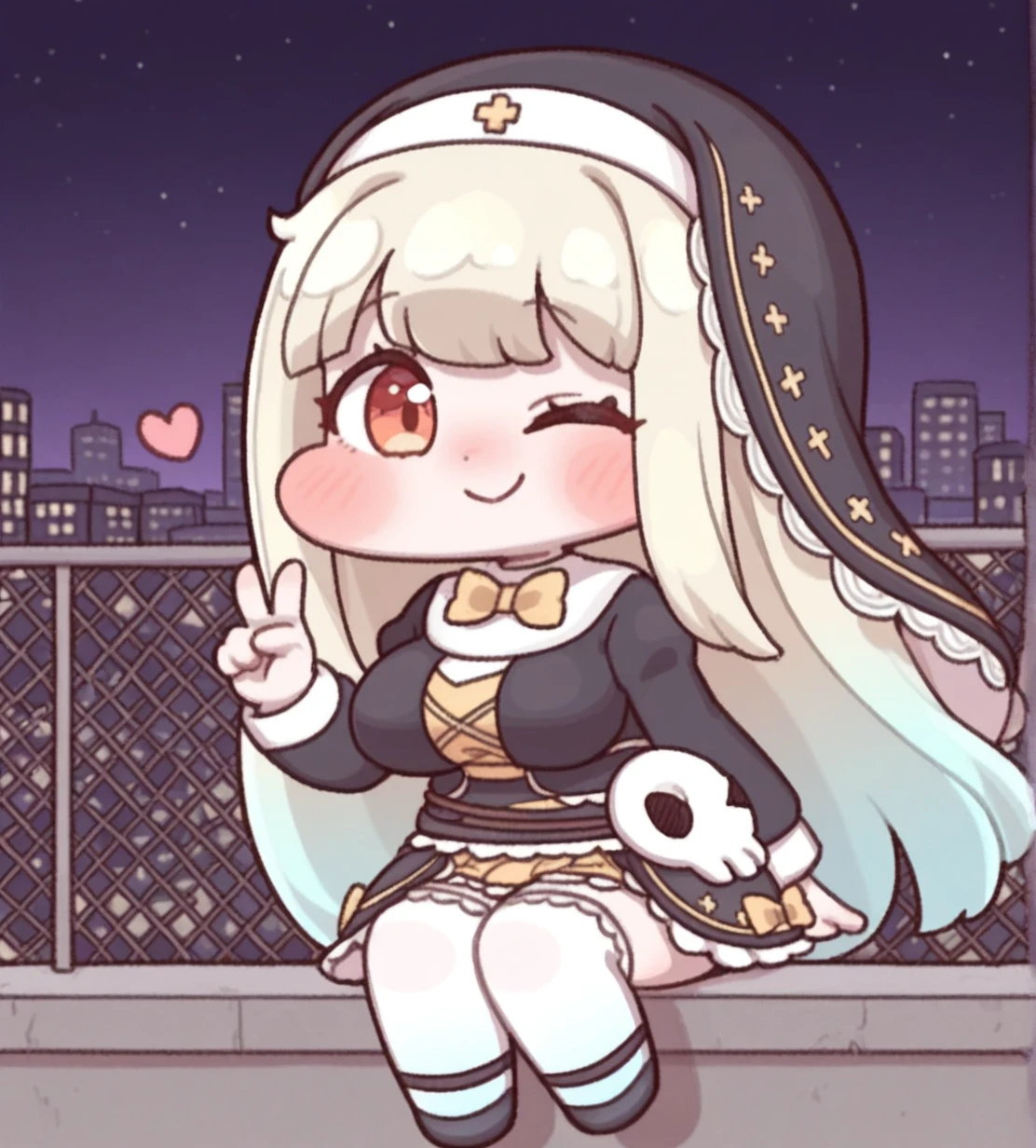 1girl, wild hips, huge breasts, ;), winking, smile, blush, chain-link fence, dot nose, fence, heart, holographic clothing, looking at viewer, multiple hair bows, pin, shirt tucked in, sign, sitting, solo, teeth, peace sign, warped, office rooftop, night, city lights, railing, vent, gravel, door,
Speaki,deformed,nun,
blonde hair,long hair,
colored tips,blue hair,
orange eyes,
long sidelocks,
veil,habit,
habit,black dress,star (symbol),star print,
yellow bowtie, ribbon,yellow bow,
yellow skirt,frilled skirt,
thighhighs, white thighhighs,
Mary Janes,black shoes,
gradient shoes,
skull mask,mask on belt,
intricate details,detailed background,plump,
<lora:noobaiXLNAIXL_epsilonPred11Version-lora:0.1> <lora:SpeakiTrickcal2:1>