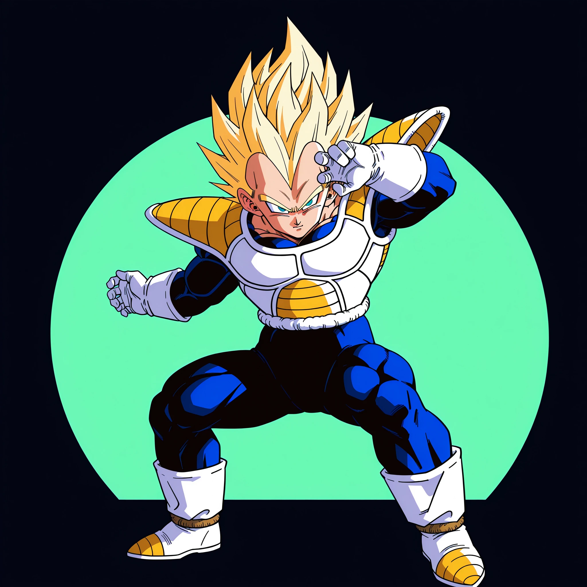 masterpiece, best quality, amazing quality, newest,detailed face, beautiful eye, <lora:vegetaPoseV1_illustrious:1.0>,full body, standing, dynamic pose, fighting stance, one eye covered, hand on forehead, bent knees, confident expression, black background, solo,1boy,spiked hair,vegeta,super saiyan,white_boots,saiyan armor, white gloves,, masterpiece, best quality, amazing quality, newest,detailed face, beautiful eye
