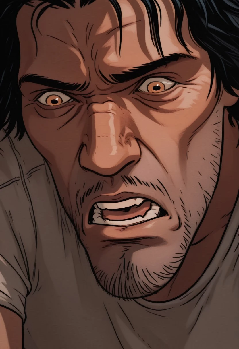 close-up shot, (masterpiece), best quality, very aesthetic, detailed face, sharp focus, beautiful, perfect lighting, masterpiece, best quality, amazing quality, absurdress, highly detailed, dramatic tavern light, (ultra-detailed), (ultra-detailed, 8k, gritty cinematic style) BREAK  1boy, solo, anant hair, t-shirt, facial hair BREAK  looking from behind, worried, sad, open mouth, frown BREAK  white background, simple background