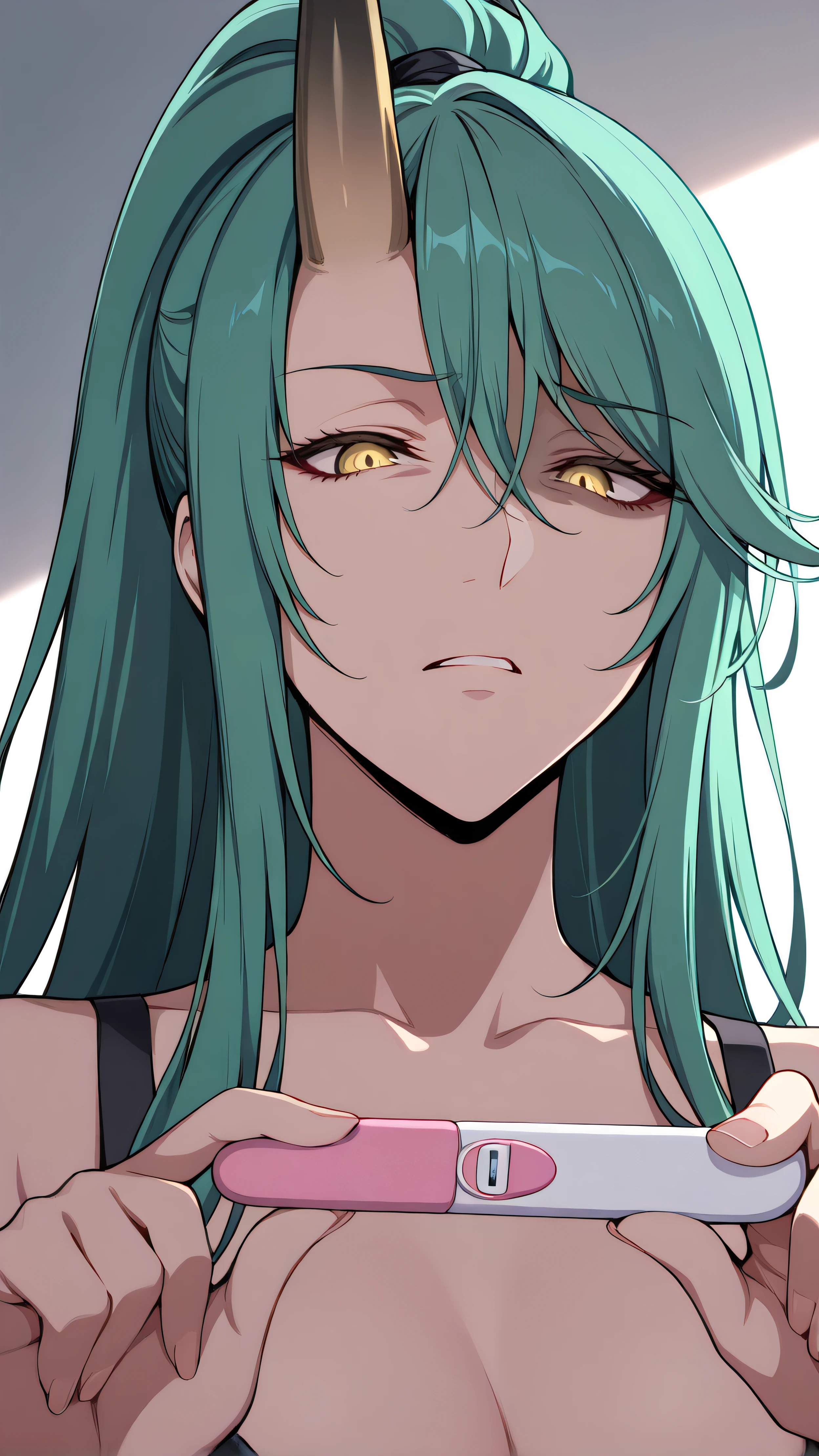 (masterpiece)、(absurdres)、NSFW,(shiny dark green hair)、(solo girl)、dark green eyes,middle breast:0.9、(straight long hair),naked,blush,dark,darkness,darkroom background、half-closed eyes,pov,fellatio,パイズリ、rolling eyes,tongue,