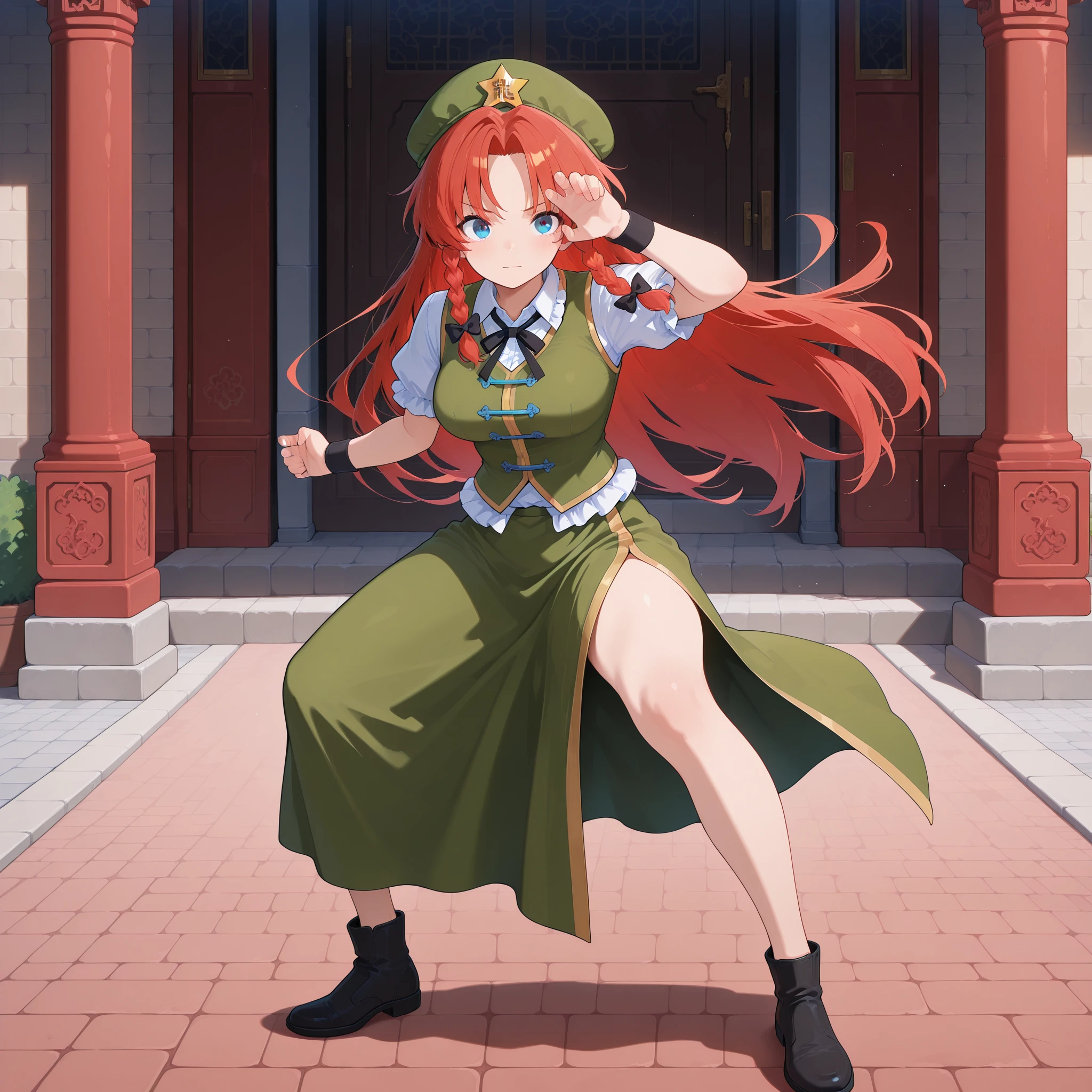 masterpiece, best quality, amazing quality, newest,detailed face, beautiful eye, <lora:vegetaPoseV1_illustrious:1.2>,full body, standing, dynamic pose, fighting stance, one eye covered, hand on forehead, bent knees, confident expression,solo,five_finger, <lora:Hong-Meiling_IllustriousV2:0.7>,hong meiling, 1girl, solo, blue eyes, red hair, twin braids, long hair, breasts,hair bow, black bow, green hat, beret, star hat ornament, chinese clothes, white shirt, green vest, puffy short sleeves, green skirt, meandros, black shoes, wristband,, masterpiece, best quality, amazing quality, newest,detailed face, beautiful eye