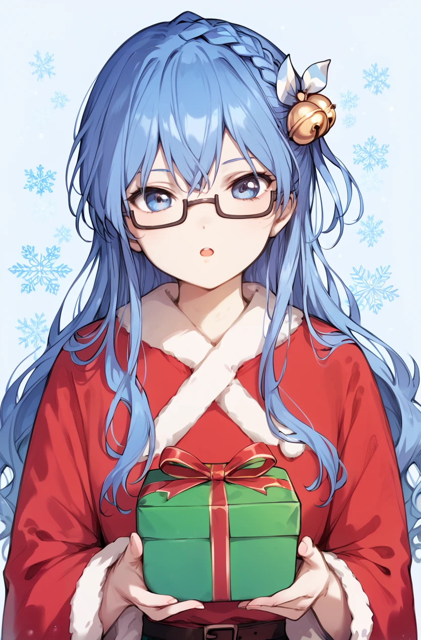 score_9, score_8_up, score_7_up, masterpiece, best quality, amazing quality, very aesthetic, newest, absurdres, highres,
1girl, solo,
 <lora:MaruyamaAkanePonyV1:1> maruyamaakane, blue hair, long hair, blue eyes, glasses, single braid, hair ornament,
upper body, santa costume, jingle bell, gift box, snowflake background, open mouth, :o,
<lora:StariweiStyle:0.8> stariwei_style