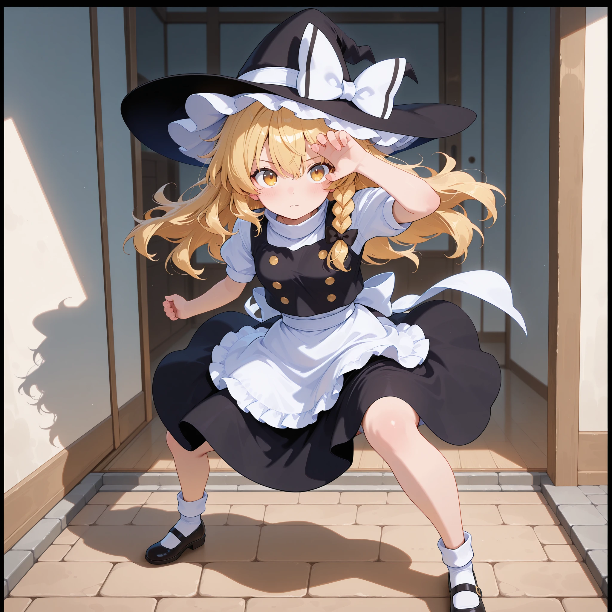 masterpiece, best quality, amazing quality, newest,detailed face, beautiful eye, <lora:vegetaPoseV1_illustrious:1.0>,full body,dynamic pose, fighting stance, one eye covered, hand on forehead, bent knees, confident expression,solo,five_finger, <lora:Marisa-Kirisame_IllustriousV2:0.7>,kirisame marisa, 1girl, solo, yellow eyes, blonde hair, long hair, single braid, small breasts,witch hat, hat bow, white bow, hair ribbon, black ribbon, black shirt, white sleeves, short sleeves, waist apron, black skirt,black mary janes, masterpiece, best quality, amazing quality, newest,detailed face, beautiful eye