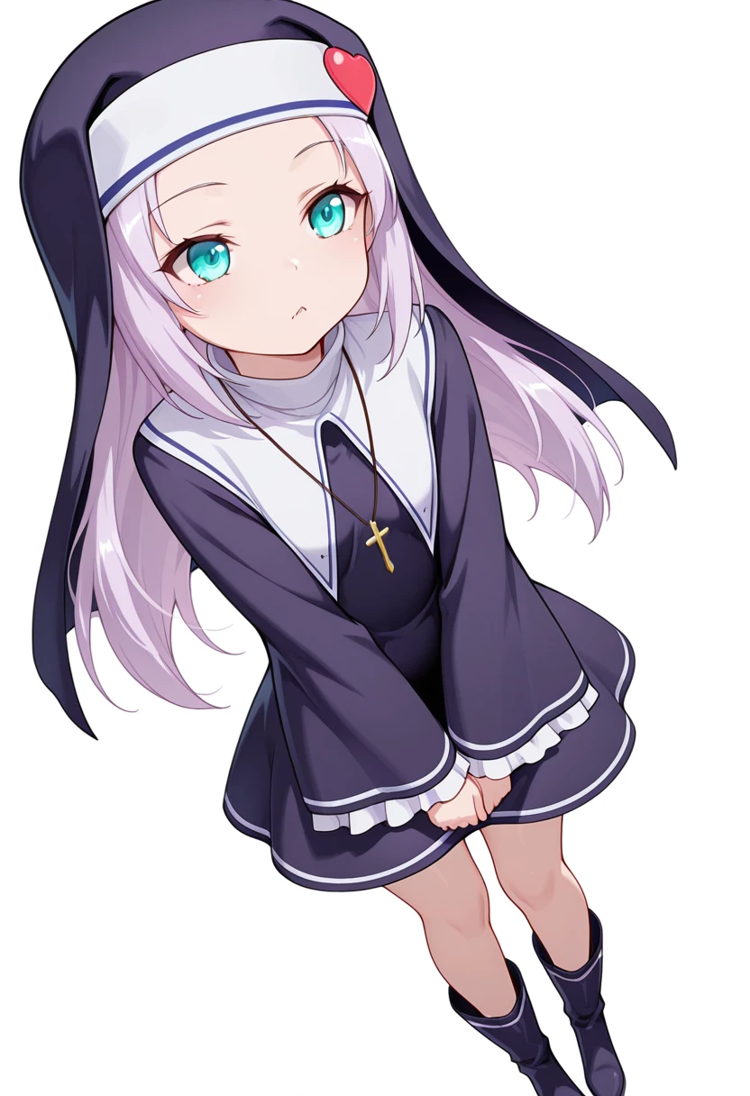((masterpiece)),(best quality),official art,extremely delicate and beautiful,extremely detailed CG,unity 8k wallpaper,ultra detailed,beautiful detailed eyes,extremely detailed face,outdoors,1girl,solo,cowboy shot,looking at viewer,facing viewer,smile,(petite:1.5),female child,Takayama Maria,nun,long hair,light purple hair,heart hair ornament,sidelocks,parted bangs,aqua eyes,jewelry,cross necklace,habit,purple dress,long sleeves,boots,purple footwear,<lora:Takayama Maria(idhmf)>,
