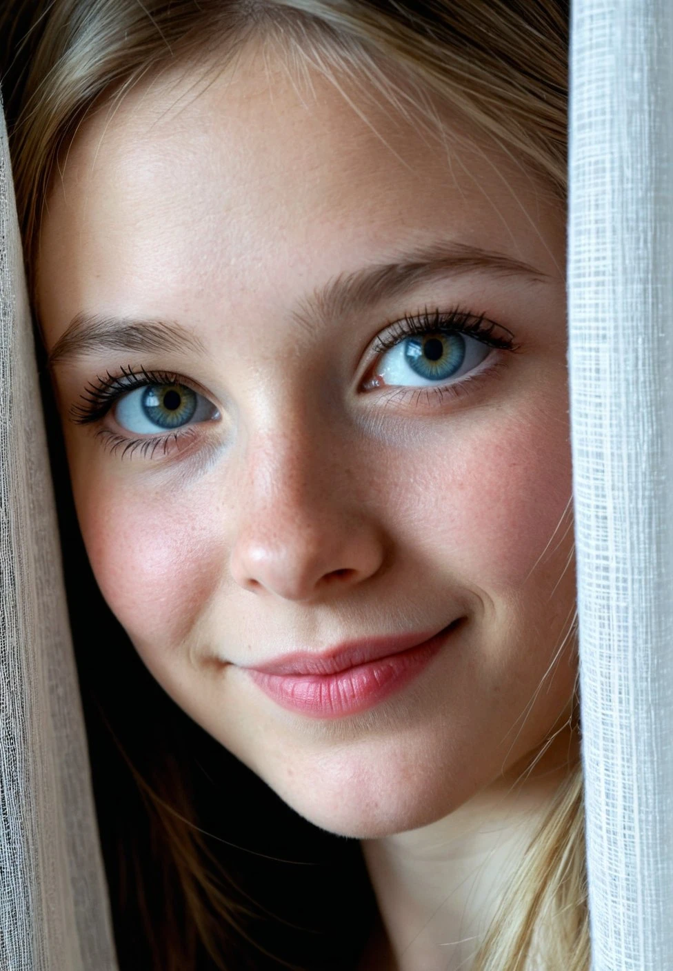 Photo, RAW, Best Quality, High Quality, HDR, 4K, Intricate Details, Beautiful, very detailed, volumetric lighting, Confused, Soft features, 
absurdres, 20 year old girl, beautiful eyes, shy, seductive, teasing, playful, action, motion, colorful, dynamic angle, oval delicate face, cute looking, monolid eyes, lips apart, (swedish girl:1.3), (upper body photo:1.3),  framed between two curtains, structure, realistic, ultra detailed, realistic skin texture, (inviting smile:1.2),