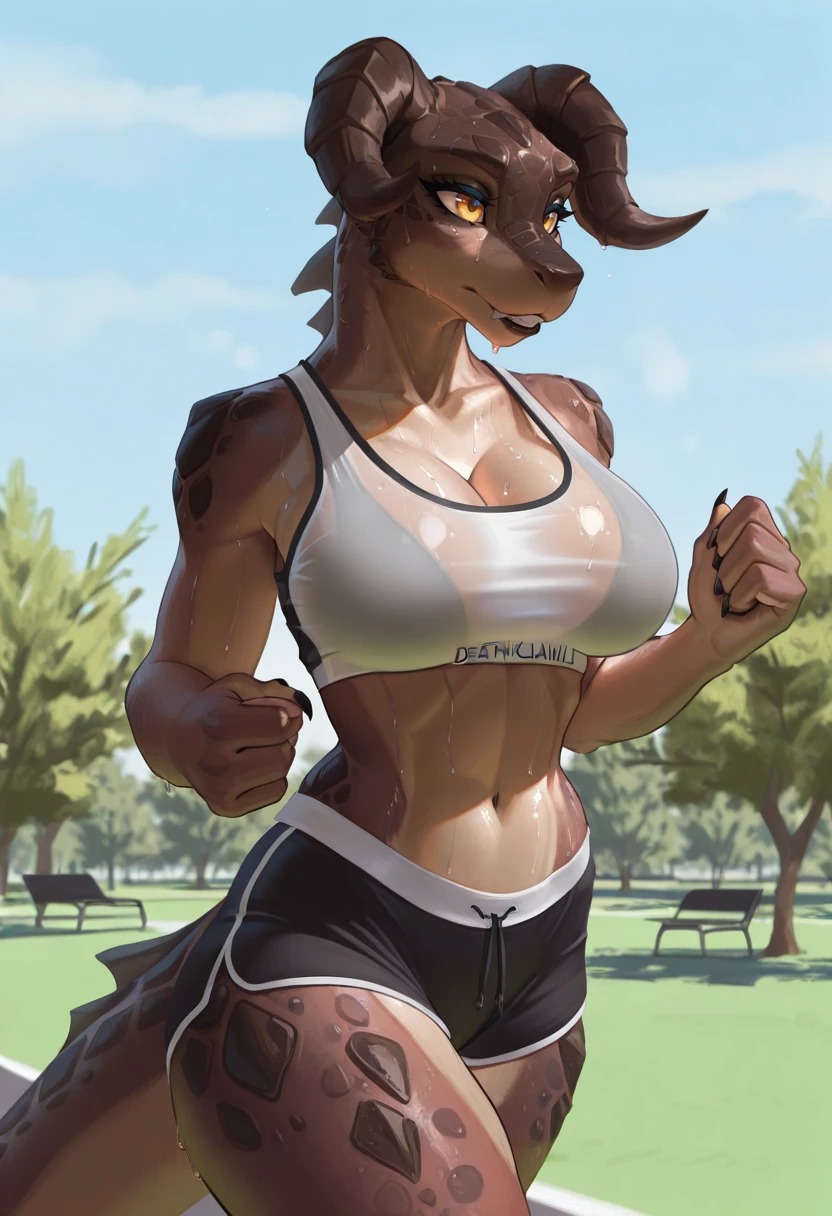 Hyena, female, sports top, sport shorts, brunette, interested, excited, panting, sweating, blushing, thick thighs, wide hips, small waist, busty, outdoors, (anthro furry:1.3, snout:1.2, anthro:1.3, furry:1.2, female:1.2, hyena tail) adorable, feminine, extremely detailed, Cinematic, captivating, looking at viewer