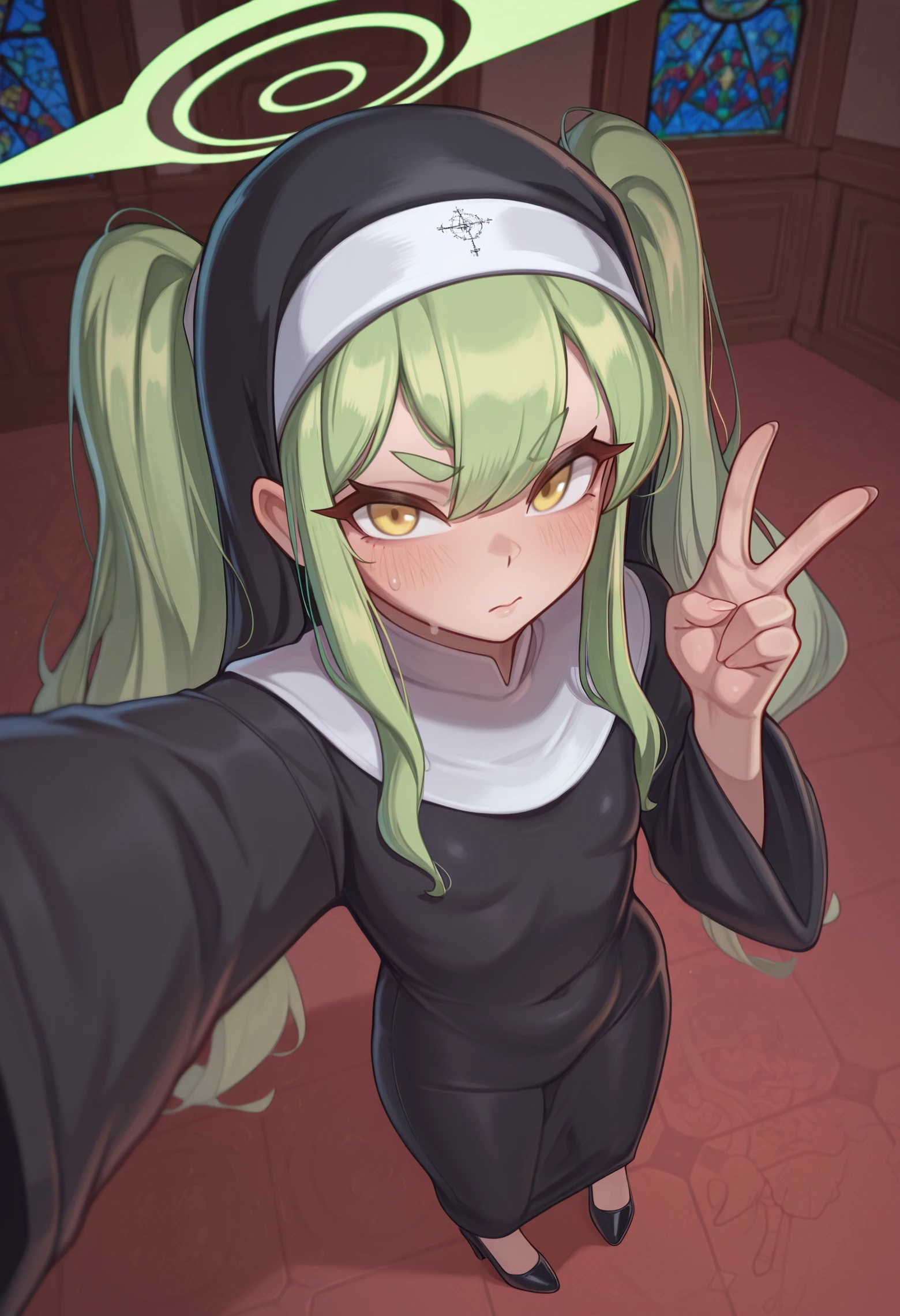mxpln, 1girl, hikari \(blue archive\), alternate costume, green hair, twintails, long hair, long sidelocks, swept bangs, hair between eyes, short eyebrows, v-shaped eyebrows, yellow eyes, closed mouth, halo, traditional nun, oversized clothing, high heels, looking at viewer, stained glass, selfie, v, from above <lora:mxpln-v2-illustrious-ty_lee:1>