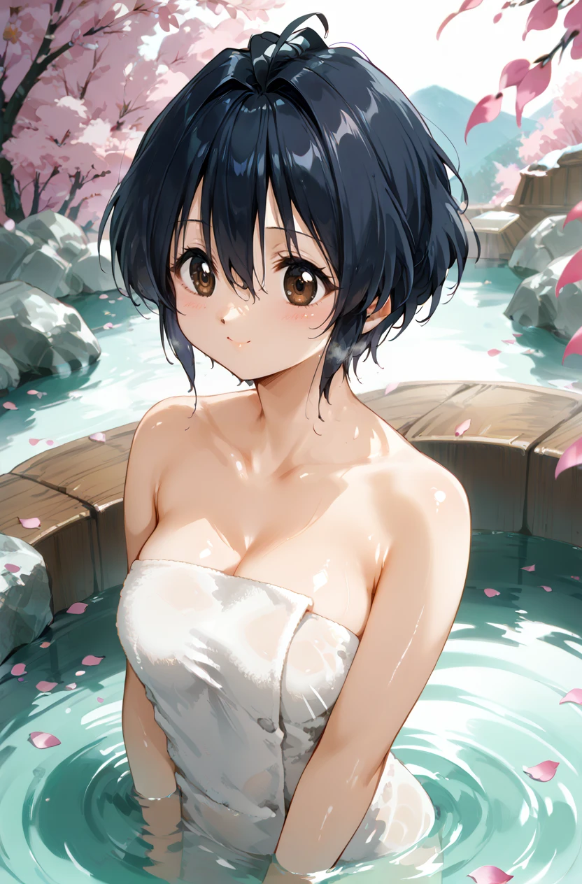 score_9, score_8_up, score_7_up, masterpiece, best quality, amazing quality, very aesthetic, newest, absurdres, highres,
1girl, solo,
<lora:TakigawaMiuPonyV1:1> takigawamiu, black hair, wavy hair, short hair, brown eyes, hair between eyes,
naked towel, partially submerged, onsen, looking up, petals, steam, blush, smile,
<lora:AGMXLP6lokrV53P1T2:0.4> <lora:oobari_style_pony_ver1:0.4> oobari_style, retro artstyle, 1990s \(style\), <lora:shiny_nai_pdxl:0.4> shiny skin, shiny