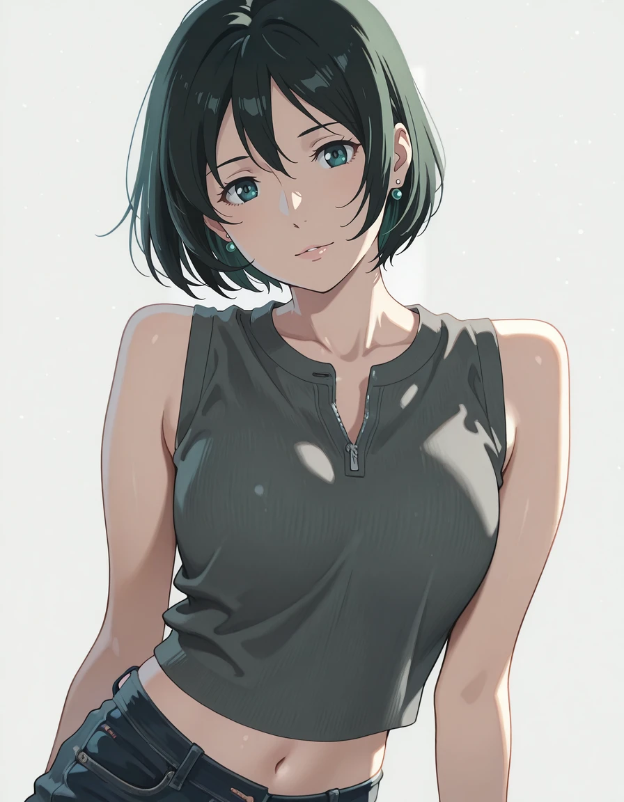 masterpiece,best quality,amazing quality,very aesthetic,high resolution,ultra detailed,perfect details,<lora:mai_ki_style:1>,mai_ki_style,<lora:mai_Ink_style:1>,traditional media,
1girl,solo,looking at viewer,dynamic pose,
simple background,grey background,
<lora:mai_bj_clothing_m_denim:1>,mai_bj_clothing_m_denim,sleeveless_shirt,grey_shirt,unzipped,crop_top,earrings,jeans,
<lora:Yukari_Yukino_ILXL:1>,yukino yukari,short hair,green hair,