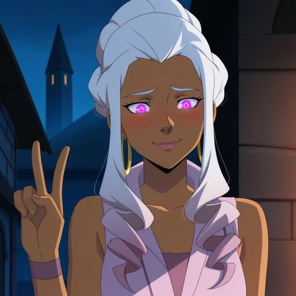 Masterpiece, official art, anime style, lineart, highest quality, (V0XM4CH1N4STYL3:1.2), 1woman, dark-skinned_female, dark_skin, long hair, silver hair, (gradient hair), lips, sidelocks, bang, updo, wavy hair, curly hair, eyelashes, purple eyes, lips, pink blush, shy, hoop_earrings, glowing eyes, the legend of Vox machina style, Outside at night, a walled village in the distance, towers, stone,AddXL, sm_an_stl ,source_anime, anime screencap, anime, animification, happy, shy, smile