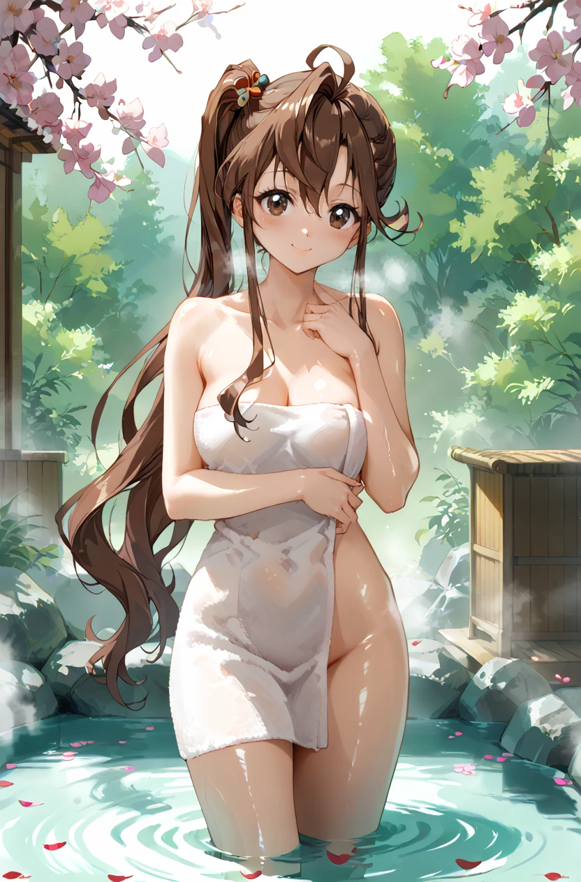 score_9, score_8_up, score_7_up, masterpiece, best quality, amazing quality, very aesthetic, newest, absurdres, highres,
1girl, solo,
<lora:TodaJunPonyV1:1> todajun, brown hair, long hair, wavy hair, ahoge, hair between eyes, side ponytail, brown eyes,
naked towel, partially submerged, onsen, looking up, petals, steam, blush, smile,
<lora:AGMXLP6lokrV53P1T2:0.4> <lora:oobari_style_pony_ver1:0.4> oobari_style, retro artstyle, 1990s \(style\), <lora:shiny_nai_pdxl:0.4> shiny skin, shiny