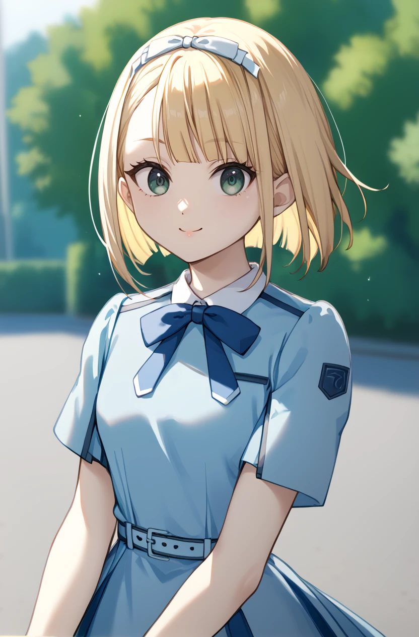 score_9, score_8_up, score_7_up, masterpiece, best quality, amazing quality, very aesthetic, newest, absurdres, highres,
1girl, solo,
 <lora:SaitoNicolePonyV1:1> saitonicole, blonde hair, short hair, asymmetrical bangs, green eyes, bow hairband,
<lora:BokuWaSonzaiDressPonyV1:0.8> bokuwasonzaidress, pleated dress, blue dress, blue bowtie, belt, short sleeves,
upper body, looking at viewer, blurry background, outdoors, smile,
