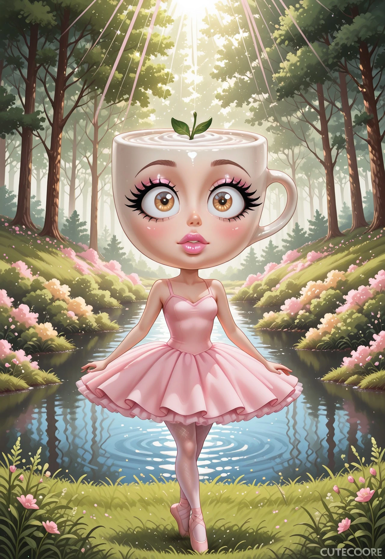 (halfbody) (cutecore, kawaiicore) 1girl, ballerina cappuccina, object_head, white coffee cup head, big eyes, makeup, mascara, eyelashes, pink blush, detailed lips, light pink lipstick, ballerina, pink ballerina dress, shoulders, pink tutu, light pink pantyhose, pink ballet slippers, ((detailed scenery, detailed background)), outside, afternoon, verdant park, marsh, (verdant greenery, trees, lush bushes, grass, grassy lawn, wildflowers, water, lake, sunlight, sun rays, hearts)