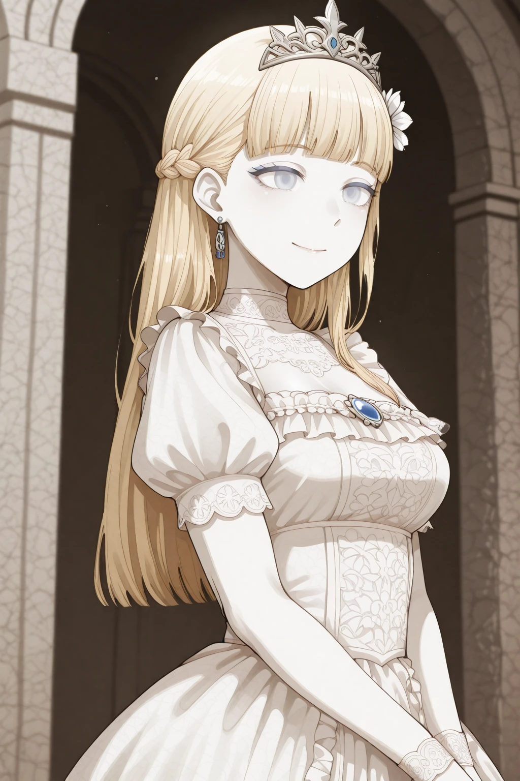 masterpiece, best quality, amazing quality, 1girl, solo, makeup, general, cowboy shot, looking at viewer, blush, dramatic angle, princess, princess costume, princess dress with many frills, tiara on hair, happy smile, closed mouth, from side, standing, fantasy world, castle, tiara, <lora:RFGoA_Clar:0.8>, RFGoA_Clar, long hair, blue eyes, blonde hair, braid, blunt bangs, breasts, makeup, eyeshadow, hair flower, <lora:Alternate_ILV3:1>, hagi, taxidermy, <lora:wai-A3-V140:1>, <lora:illustrious_noobai_epsilon_pred_1_masterpieces_v1:1>