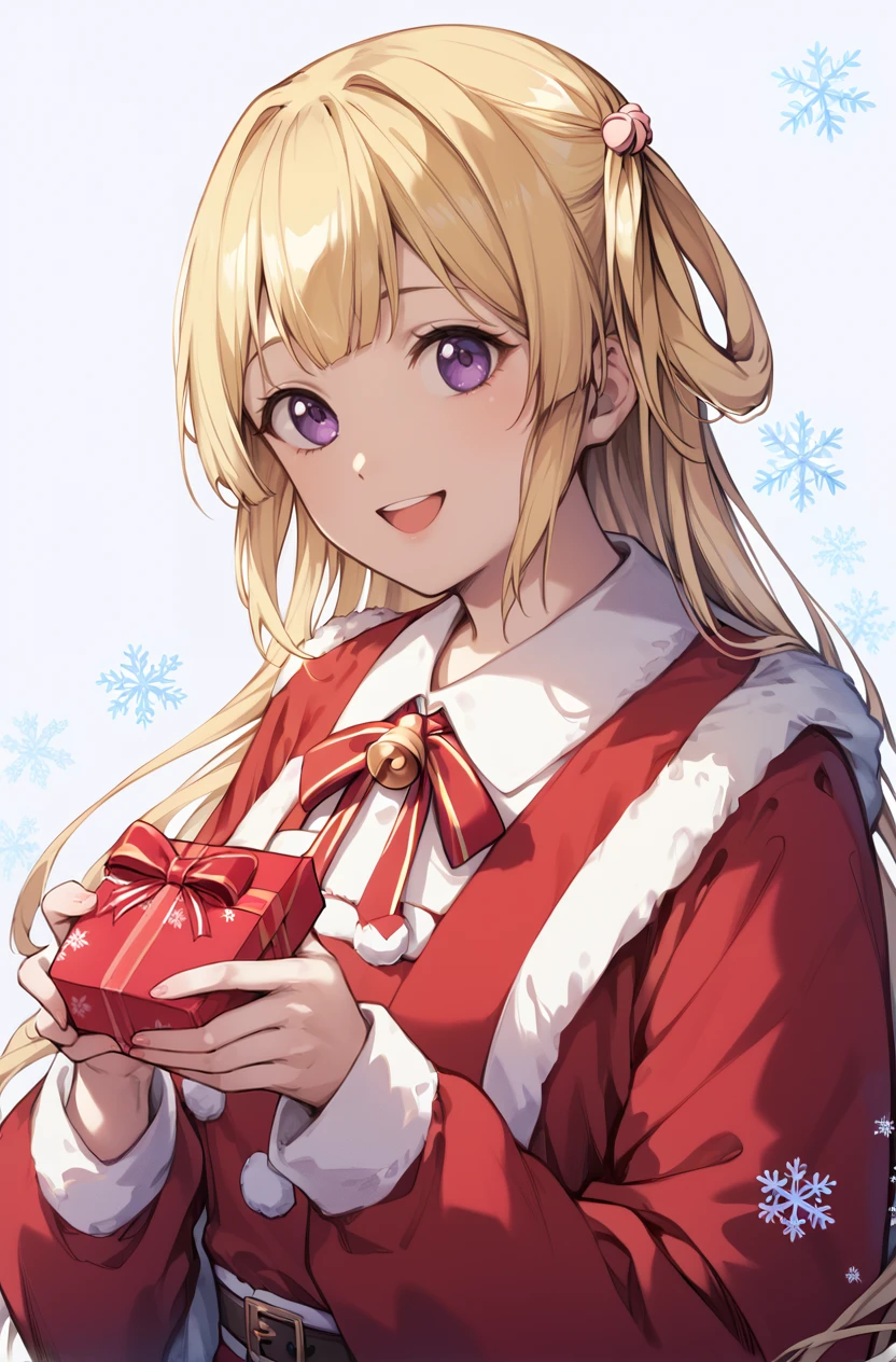 score_9, score_8_up, score_7_up, masterpiece, best quality, amazing quality, very aesthetic, newest, absurdres, highres,
1girl, solo,
 <lora:FujimaSakuraPonyV1:1> fujimasakura, blonde hair, long hair, hair rings, purple eyes,
upper body, santa costume, jingle bell, gift box, snowflake background, open mouth, smile,
<lora:StariweiStyle:0.8> stariwei_style