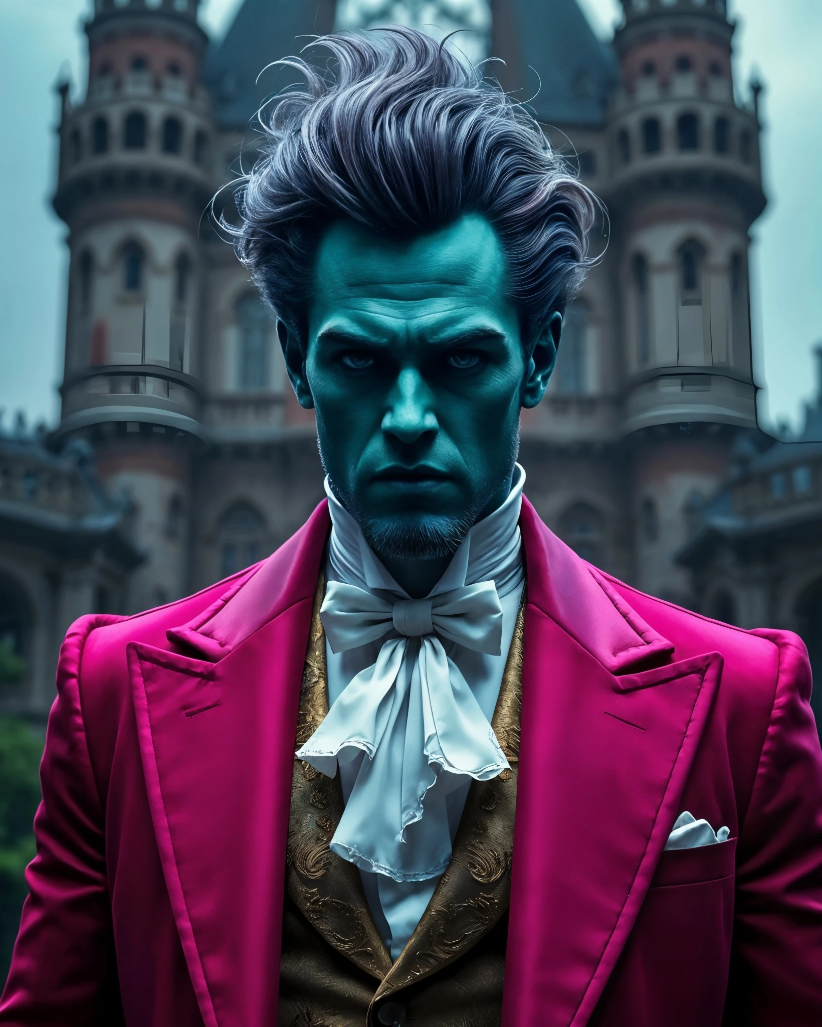 A stylized figure with striking blue skin and dramatic, voluminous gray hair stands in front of an ornate castle. He wears a vivid pink tailcoat over a gold-patterned vest and a white ruffled necktie, exuding an air of elegance and intensity. The setting features gothic architectural elements, enhancing the character's theatrical presence.