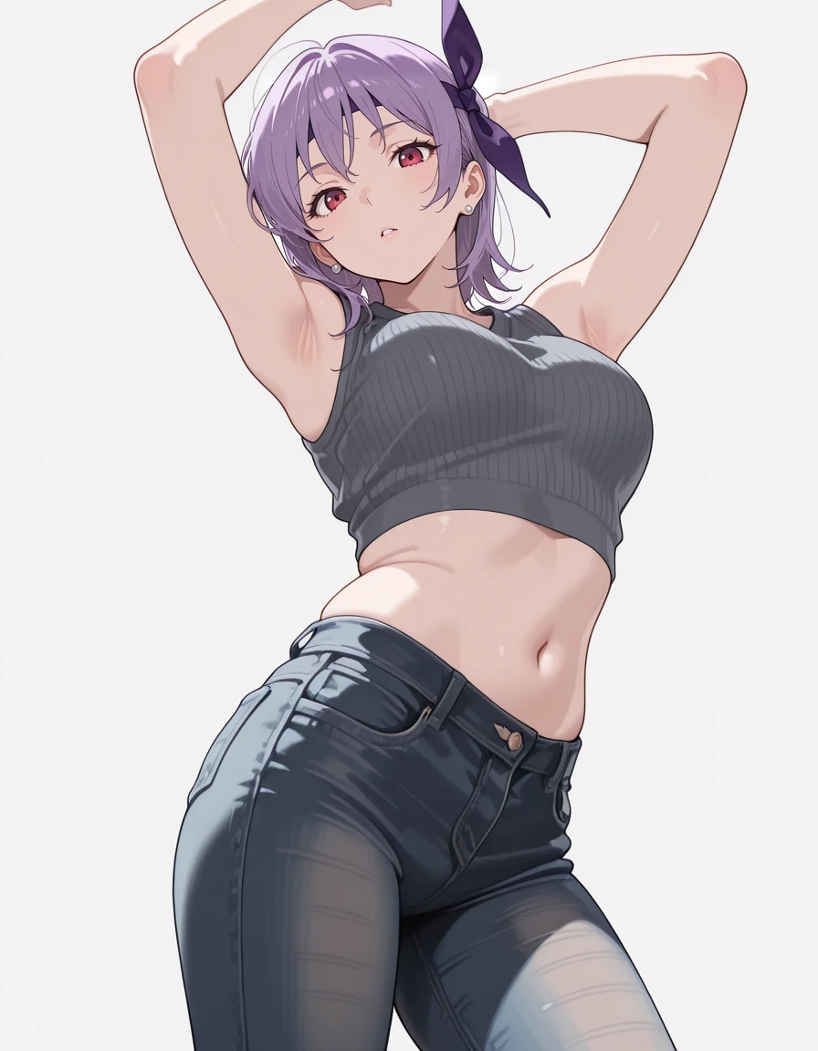 masterpiece,best quality,amazing quality,very aesthetic,high resolution,ultra detailed,perfect details,
1girl,solo,looking at viewer,dynamic pose,
simple background,grey background,
<lora:mai_bj_clothing_m_denim:1>,mai_bj_clothing_m_denim,sleeveless_shirt,grey_shirt,unzipped,crop_top,earrings,jeans,
<lora:ayane-illustrious:1>,ayane,<lora:my-lora:1>,mai_style,