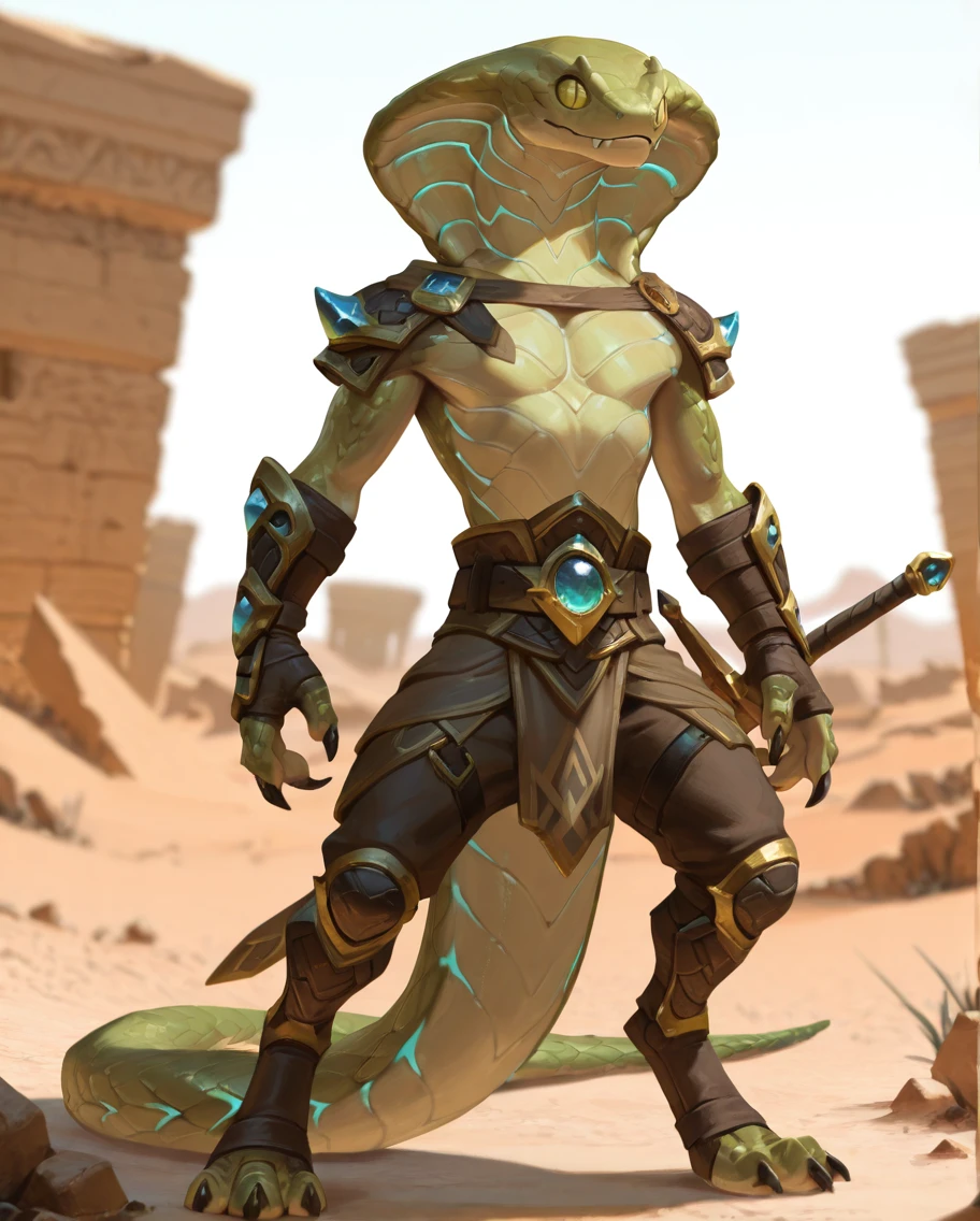 perfect anatomy, masterpiece, perfect quality, best quality, amazing quality, detailed, newest, very aesthetic, 
solo, standing, tall, lanky, armor, dynamic pose, sword, desert, ruins, blurry background, albino, green scales, yellow eyes, 
anthro, 1boy, s3thrak, monster, creature, cobra hood, scales, reptile tail, glowing accents, glowing blue accents, snake eyes, slit pupils, plated scales, digitigrade, tail, claws, four fingers, three toes,
<lora:Sethrak for Illustrious:0.75>