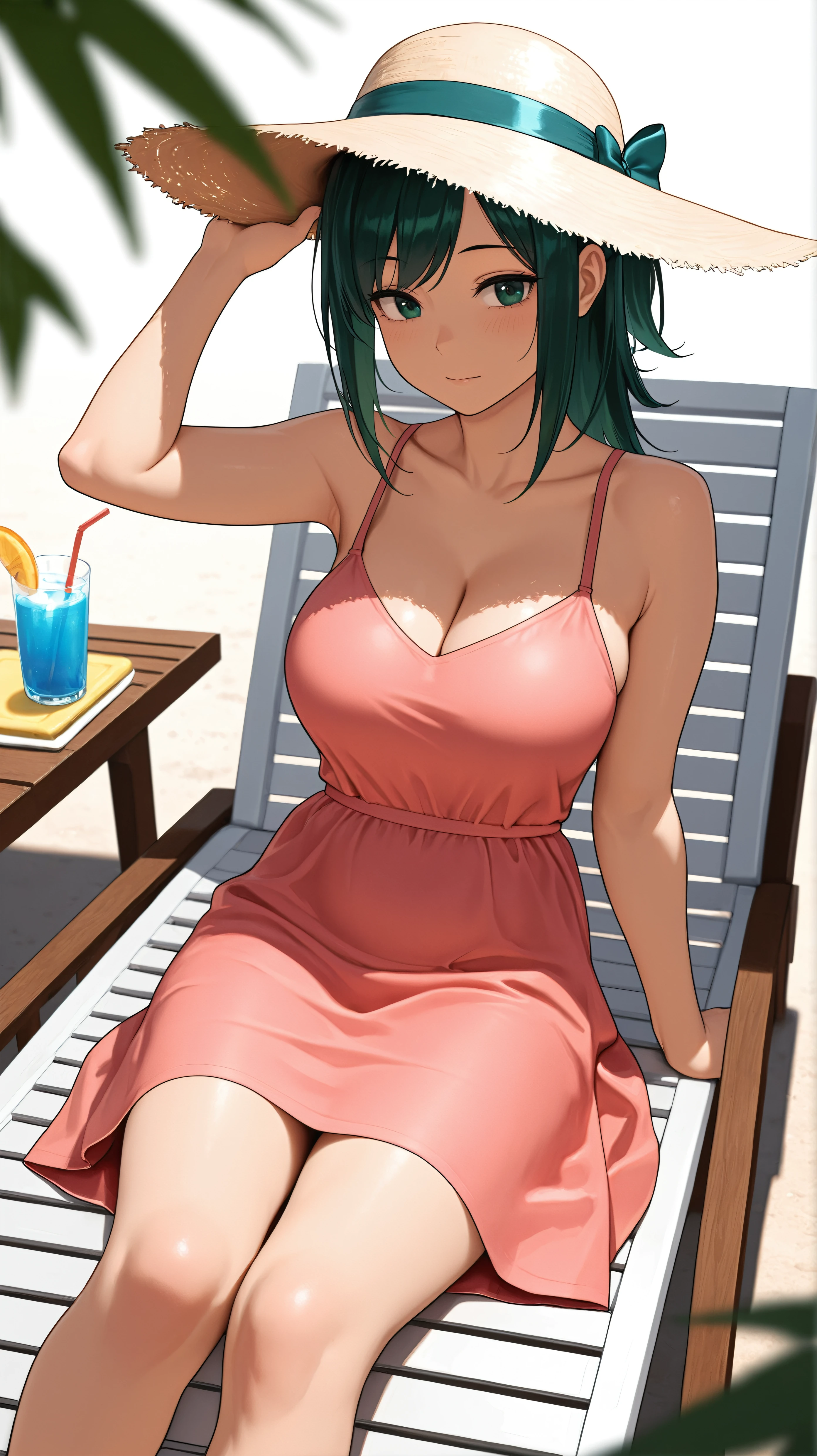 ((masterpiece)), (best quality:1.7), (detailed:1.4), (high res:1.4), 8k, (colorful:1.5), high resolution, sharped image, 4k, hd, (beautiful detailed background:1.2), (beautiful lighting:1.2), (highly detailed:1.2), perfect lighting, (8k wallpaper:1.2), (highly detailed:1.2), (extremely detailed CG:1.2), 2d, ((1girl)), solo, fubuki_opm, black hair, green hair, green eyes, short hair, big breasts, curvy body, cowboy shot, white robe on shoulders, white bikini, beach hut, varities of foods on the table, ocean, beach, ((looking at viewer)), ((finger on the chin)), (smile), ((blush))