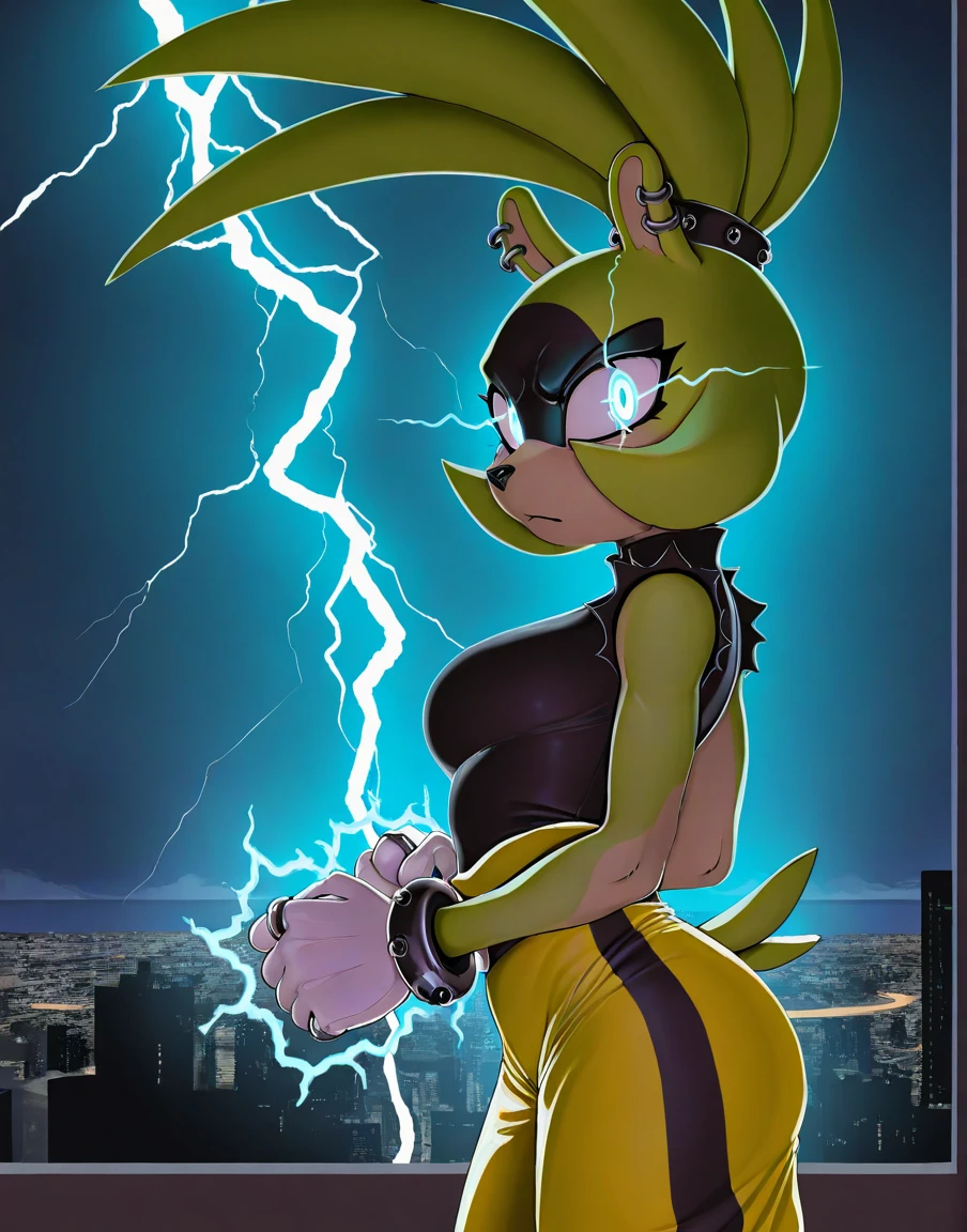 Highly detailed, high quality, masterpiece, cute, Base1SuperSonic, full body yellow, eyesgreen, female, large breasts, Mini Skirt