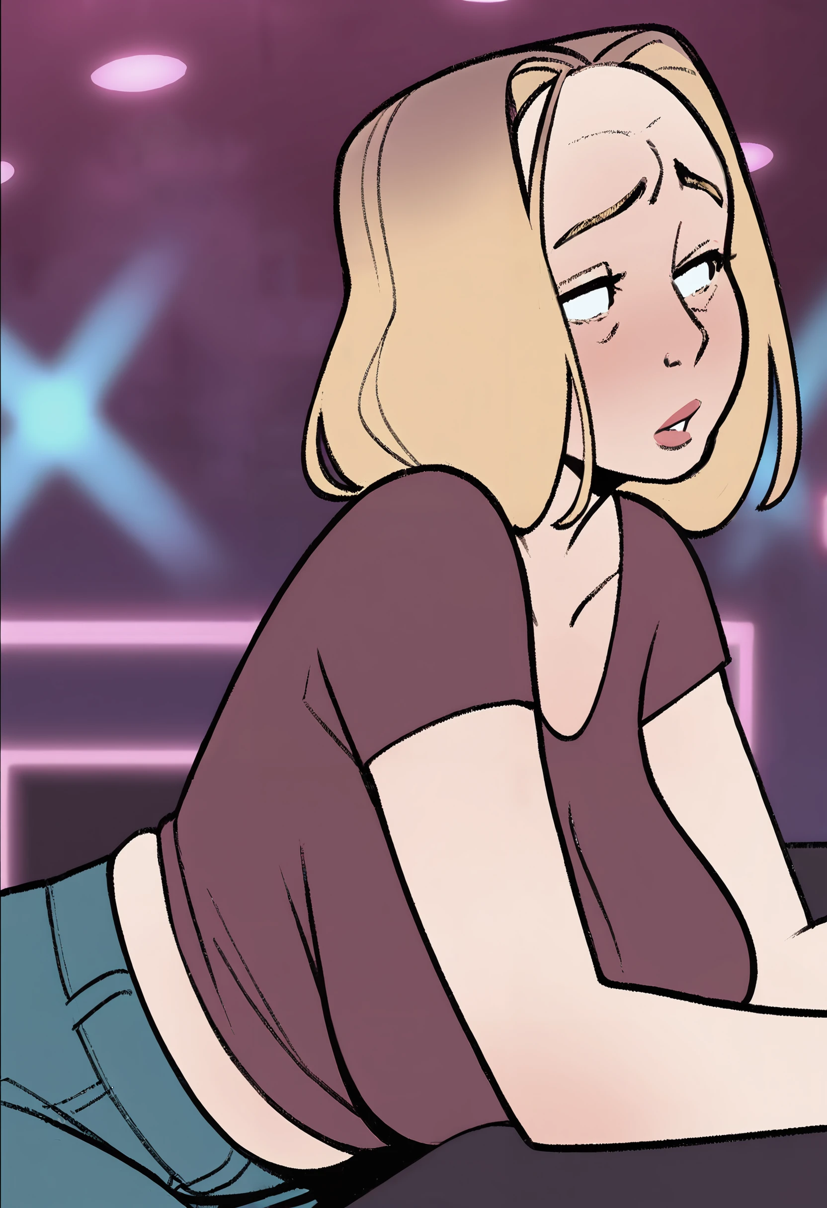 score_9, score_8_up, score_8, in nightclub, 1 boy. short blonde hair, petite, boy wears jeans, blue eyes, highly detailed, blushing, shy, background is a nightclub, goth look, fishnet Tshirt, crying