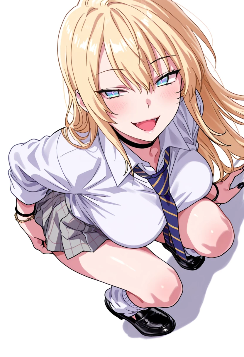 masterpiece,Highest quality,One girl, hayasaka ai, 一人in, Blue background, Simple Background, looking at iniewer, in oiner eye, Communist Academy , white gloines, White shirt, Collared shirt, Sweater around the waist, Black socks, long sleeines, in, Blue Scrunchie, Cardigan around the waist, One knee、Black pleated skirt、Bedroom、Sit on the bed、Handjob、Huge penis