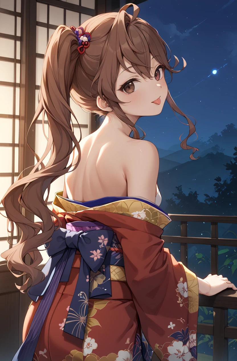 score_9, score_8_up, score_7_up, masterpiece, best quality, amazing quality, very aesthetic, newest, absurdres, highres,
1girl, solo,
<lora:TodaJunPonyV1:1> todajun, brown hair, long hair, wavy hair, ahoge, hair between eyes, side ponytail, brown eyes,
kimono, bare shoulders, night sky, from behind, looking at viewer, tongue out,