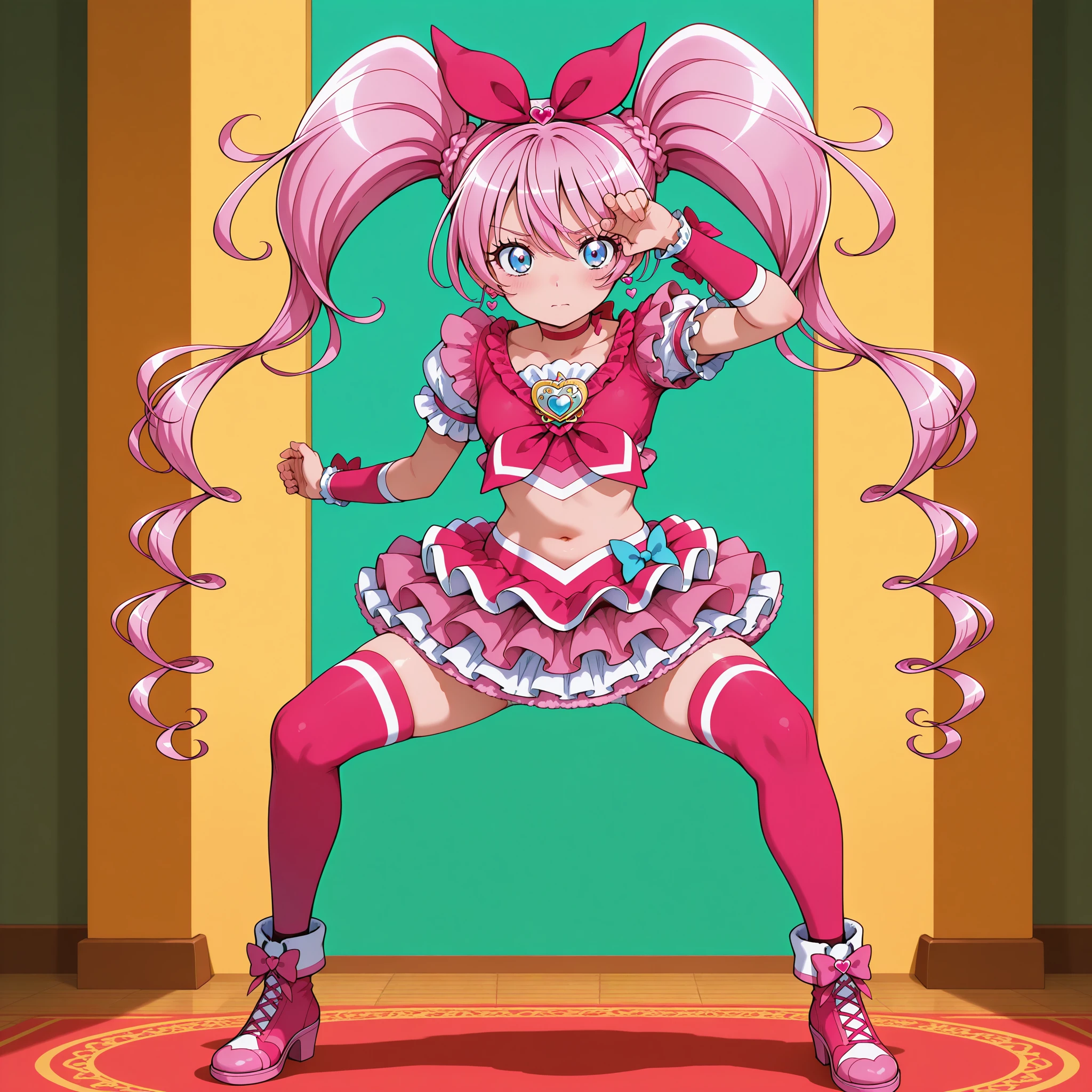 masterpiece, best quality, amazing quality, newest,detailed face, beautiful eye, <lora:vegetaPoseV1_illustrious:1>,full body, standing, dynamic pose, fighting stance, one eye covered, hand on forehead, bent knees, confident expression,solo,five_finger, <lora:Cure_Melody_V1:1.0>,cure melody,1girl,solo,pink hair,twintails,very long hair,hair between eyes,braid,eyelashes,eyebrows visible through hair,blue eyes,crop top,pink shirt,frilled shirt,frilled sleeves,pink choker,ribbon choker,pink neckwear,hair bow,pink bow,hair ornament,hairband,earrings,brooch,wrist cuffs,arm warmers,pink skirt,frilled skirt,layered skirt,miniskirt,petticoat,pink legwear,pink thighhighs,pink footwear,thigh boots,midriff,navel, masterpiece, best quality, amazing quality, newest,detailed face, beautiful eye