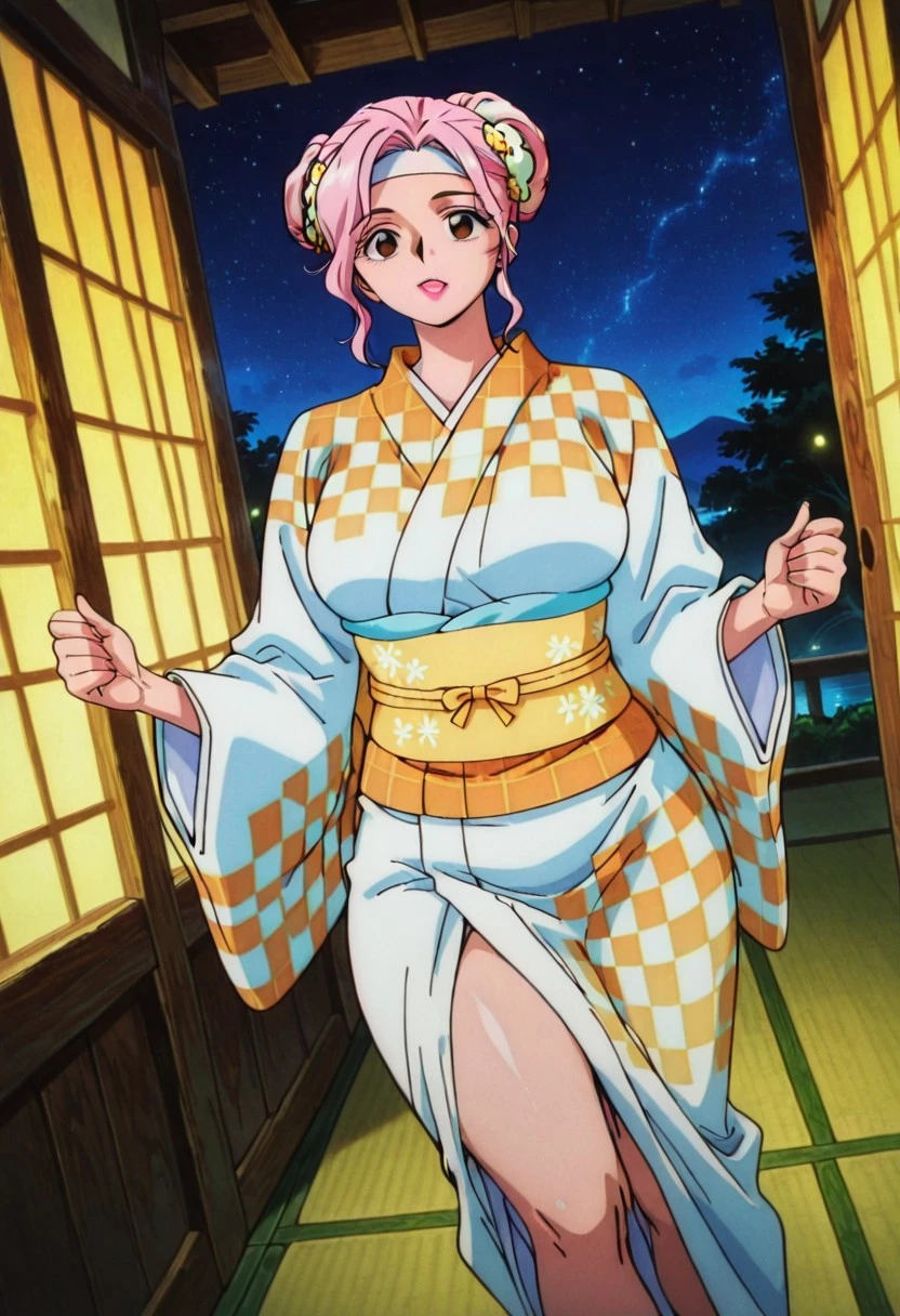 O-SomeOP, 1girl, solo, pink hair, hair ornament, hair bun, hair flower, sidelocks, brown eyes, full lips, pink lipstick, japanese clothes, orange checkered kimono, wide sleeves, sash, yellow obi, large breast, thick thighs, headband, tabi, yukata,
masterpiece, best quality, fine details, intricate details, depth of field, subsurface scattering, bokeh, ultra-detailed, very aesthetic, detailed background, newest, scenery, highres, absurdres, colorful, vibrant, glowing, perfect face, 2d, perfect eyes, vibrant saturated colors, volumetric lighting, sharp, detailed eyes, perfect anatomy, perfect face, perfect eyes, mature body, clear eyes, beautiful eyes, athletic, curvy body, athletic girl, perky tits, perfect tits, round breasts, pinup pose, teasing, lustful expression, perfect hands,
muscular female, dutch angle, dynamic pose,
,Smooth Negative, Smooth_Quality,
90s_anime_aesthetic, 1990s (style), retro, retro artstyle