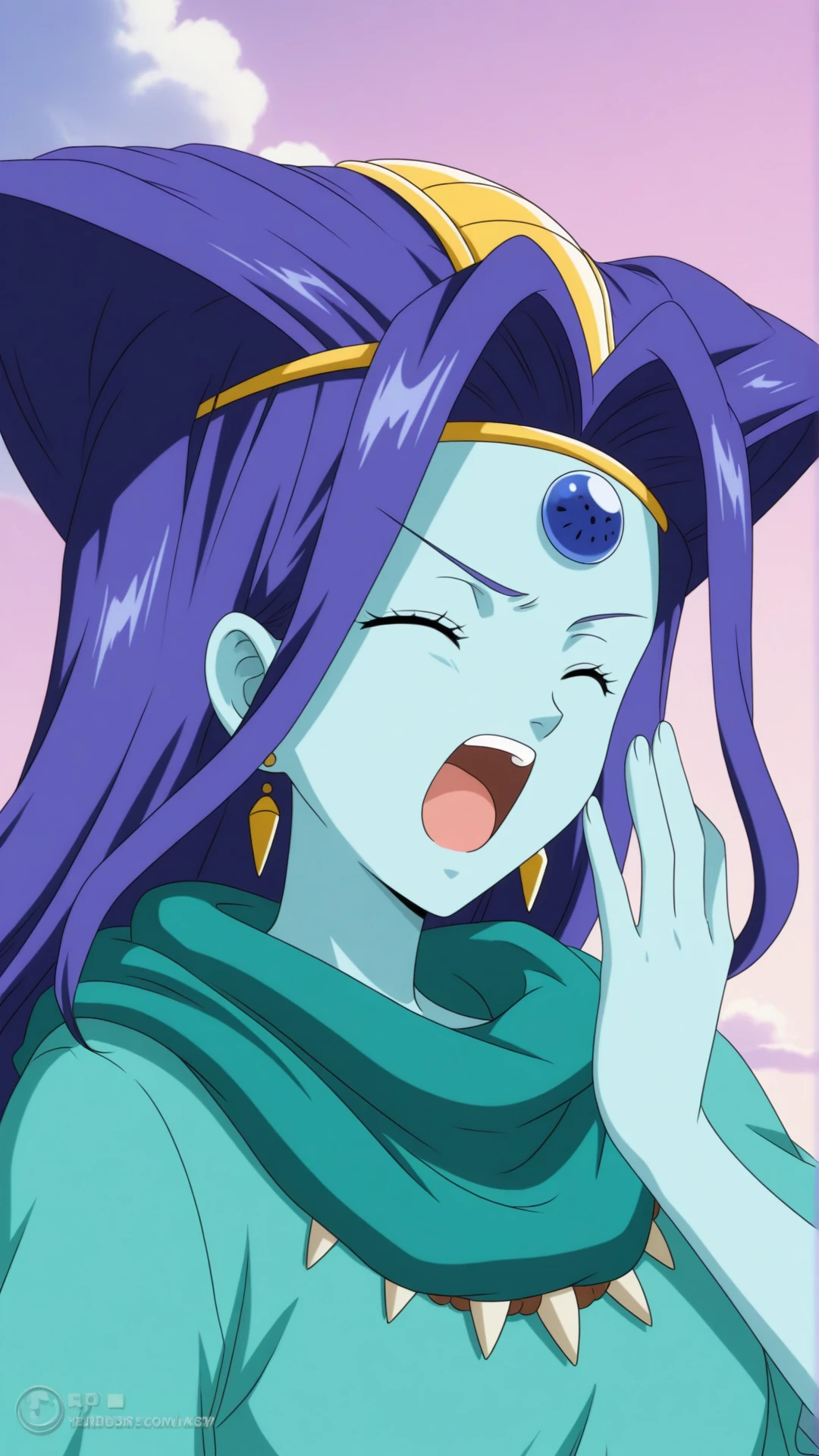 anime coloring, highres, anime screenshot, dramatic lighting, intricate details, masterpiece, best quality, absurdres, depth, ((official style)), SixStars_XL, 1girl, solo, open mouth, jewelry, upper body, closed eyes, purple hair, earrings, necklace, scarf, watermark, circlet, forehead jewel, singing, yawning, anime coloring, ojou-sama pose, cloud <lora:Liu_Xing_Long_XL-15:1>