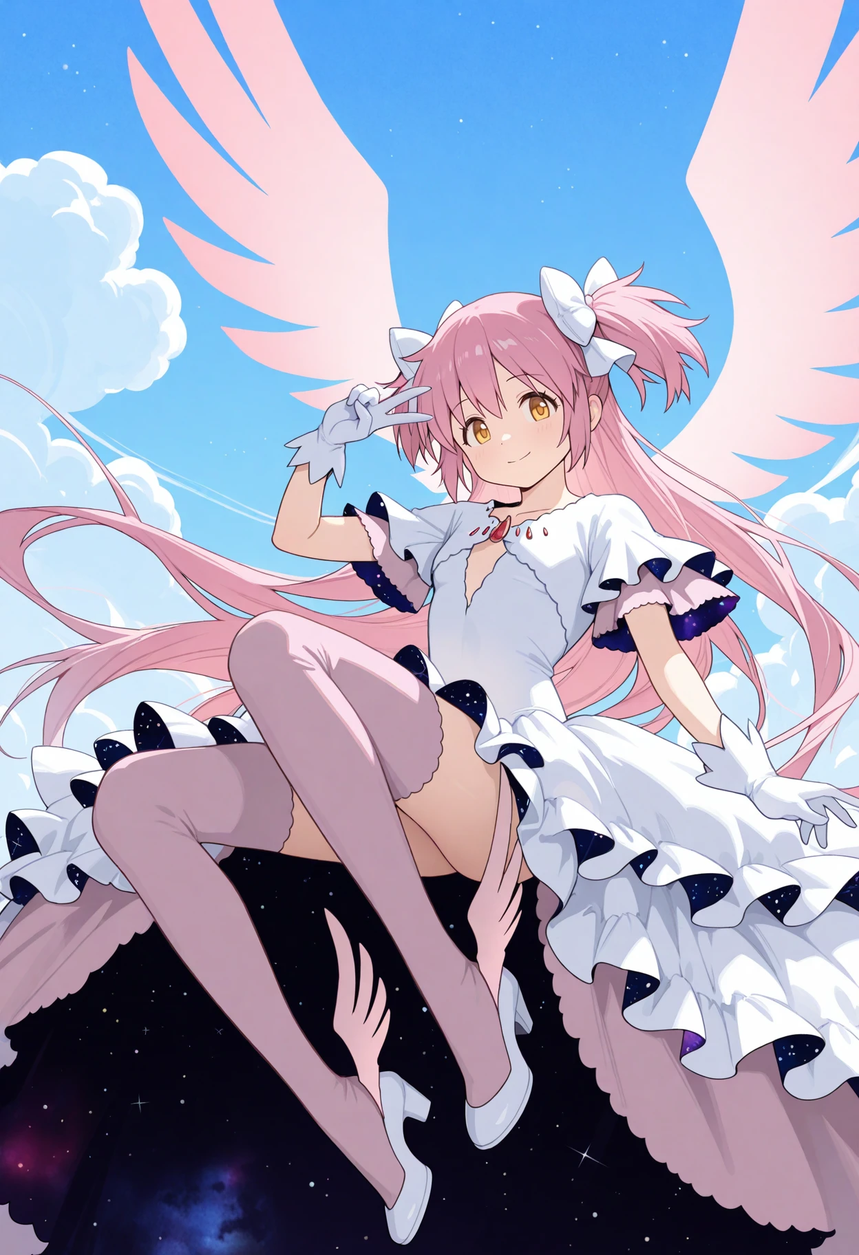 best quality, masterpiece, umadoka, 1girl, solo, pink hair, yellow eyes, two side up, long hair, white frilled dress, plunging neckline, white frilled capelet, two-sided capelet, layered capelet, red gemstone, space print, two-sided dress, layered dress, white gloves, hair bow, white bow, pink energy wings, pink winged thighhighs, white shoes, looking at viewer, blue sky, cloud, smile, v, full body,      <lora:UltMadokaIllus:1>