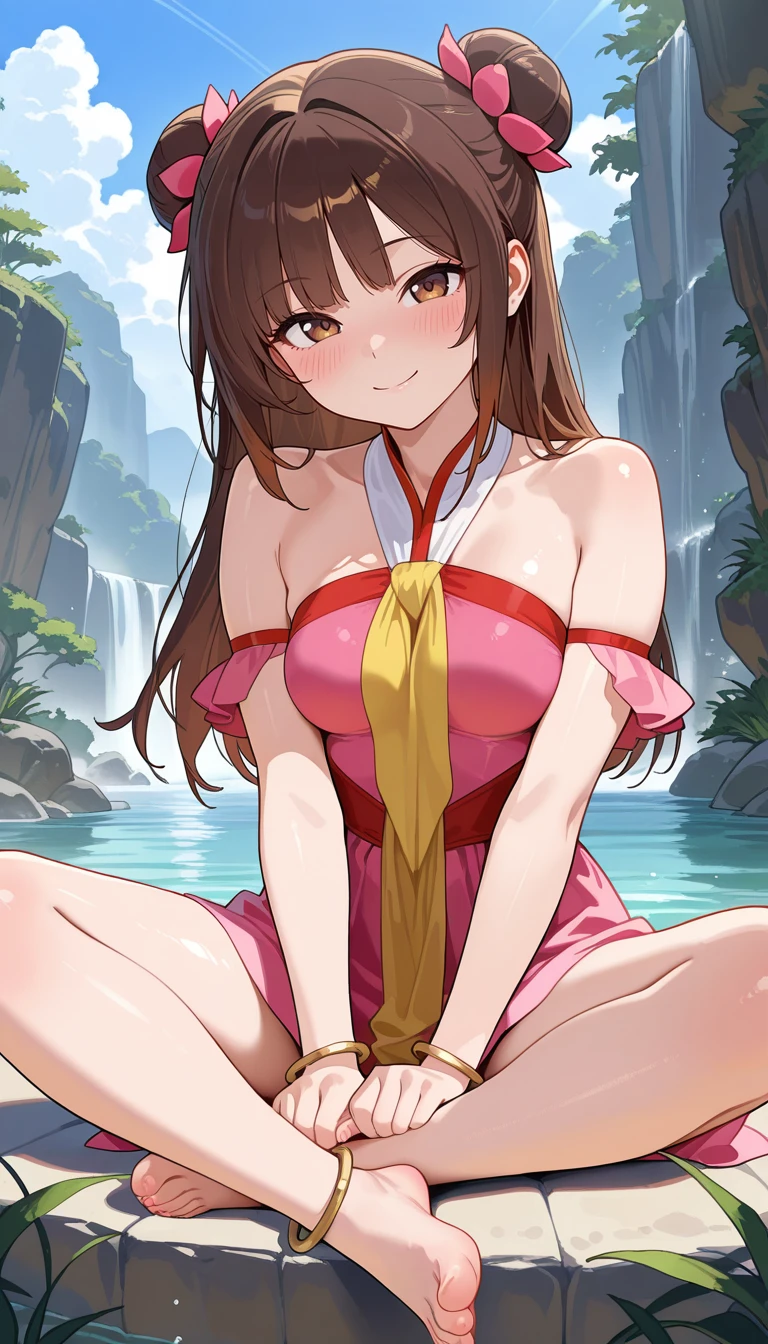 nsfw,(dancing:1.5),(dutch_angle:1.5),(open_ainu_clothes:1.5),(nude:1.3),(collarbone:1.5),(nipple:1.5),(vagina:1.3),(happy),(smile), (eyes_in_highlight:1.5),(droopy_eyes:1.5),(tareme:1.5),(Round_eyes:1.5),(tareme_eyes:1.3),(black_hair),(hair_band:1.5),(hair_bow:1.5),(baby_face:1.5),no_nose,medium breast, masterpiece,best quality,ultra-detailed,highres,extremely_detailed_CG,super_fine_illustration,anime,details,detailed beautiful skin,beautiful face,detailed_eyes,look at viewer,(1_girl),(river:1.5),(forest:1.5),